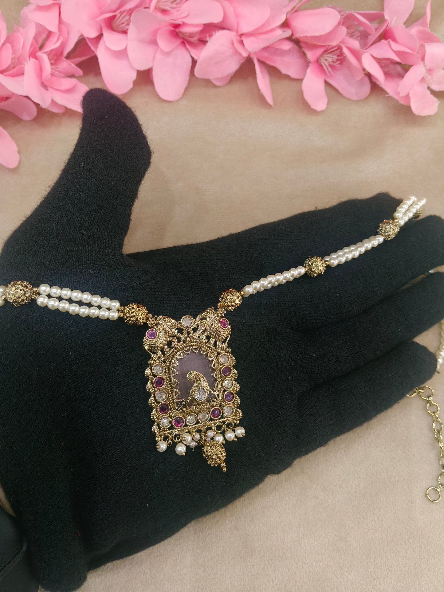 Antique Gold Ruby Long Necklace Jewellery Rutvi Set