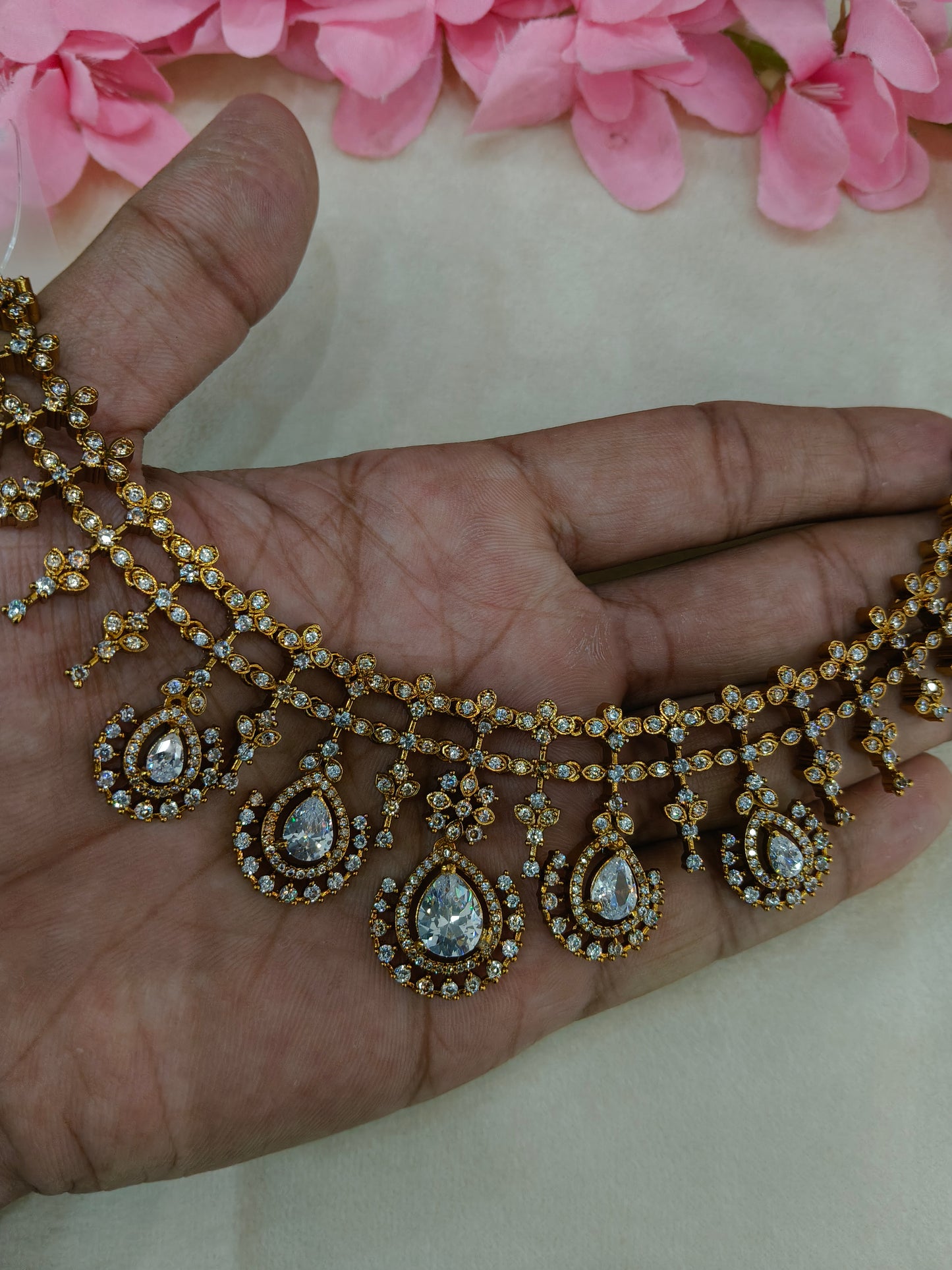 Antique Gold White Cz Necklace Jewellery Pvita Set