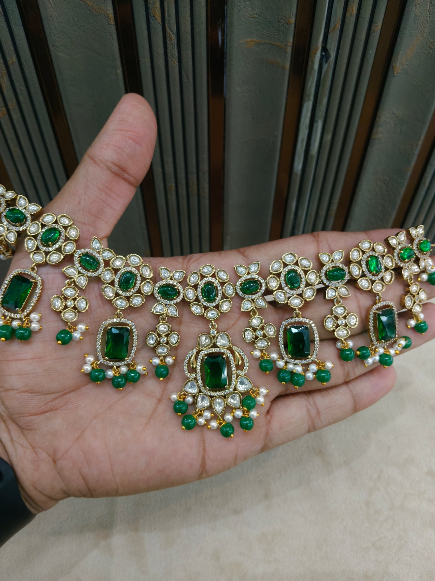 Green Moissanite Kundan Necklace Jewellery Remi Set