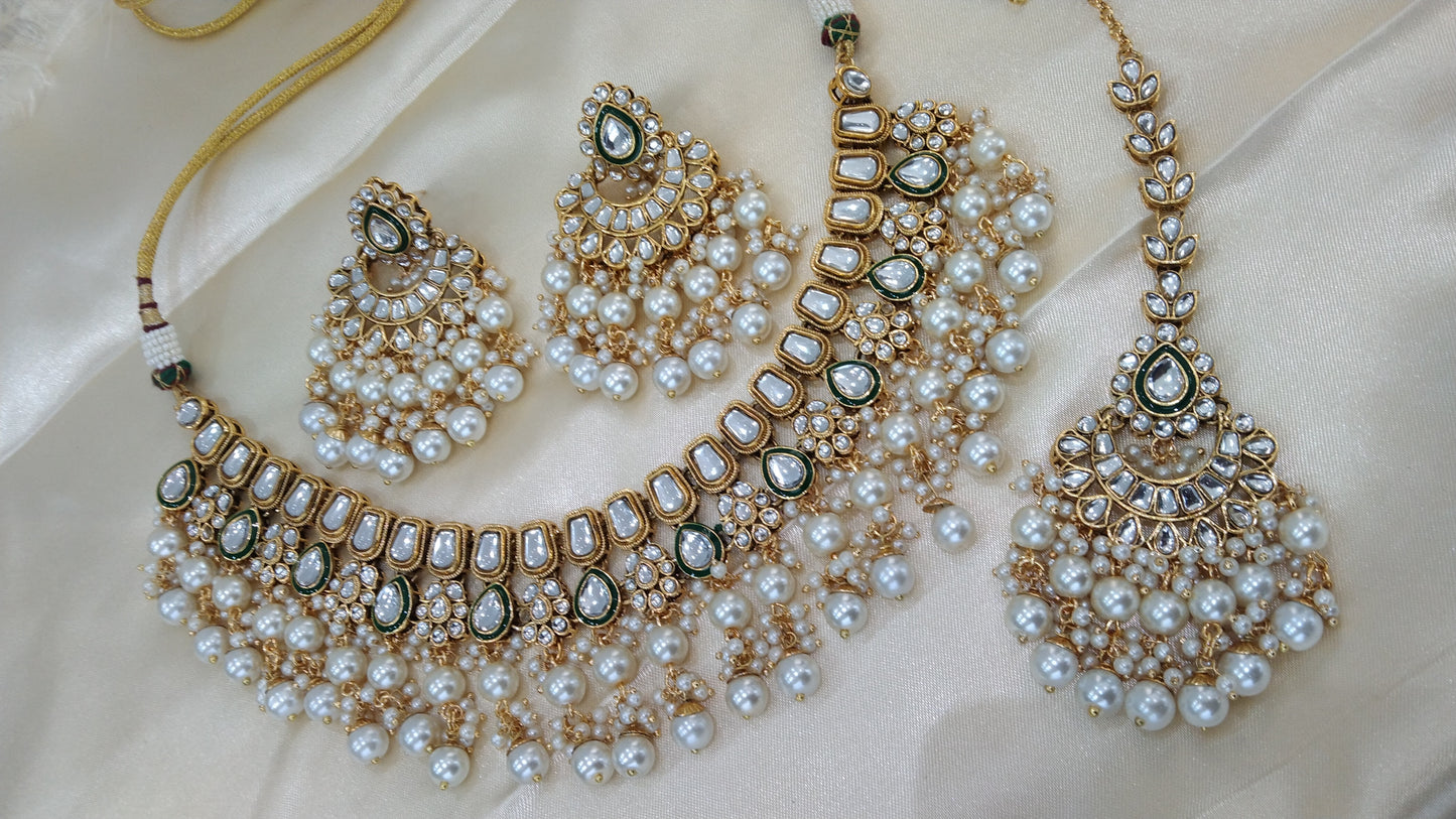 Chandan Gold white Kundan Necklace Jewellery Set