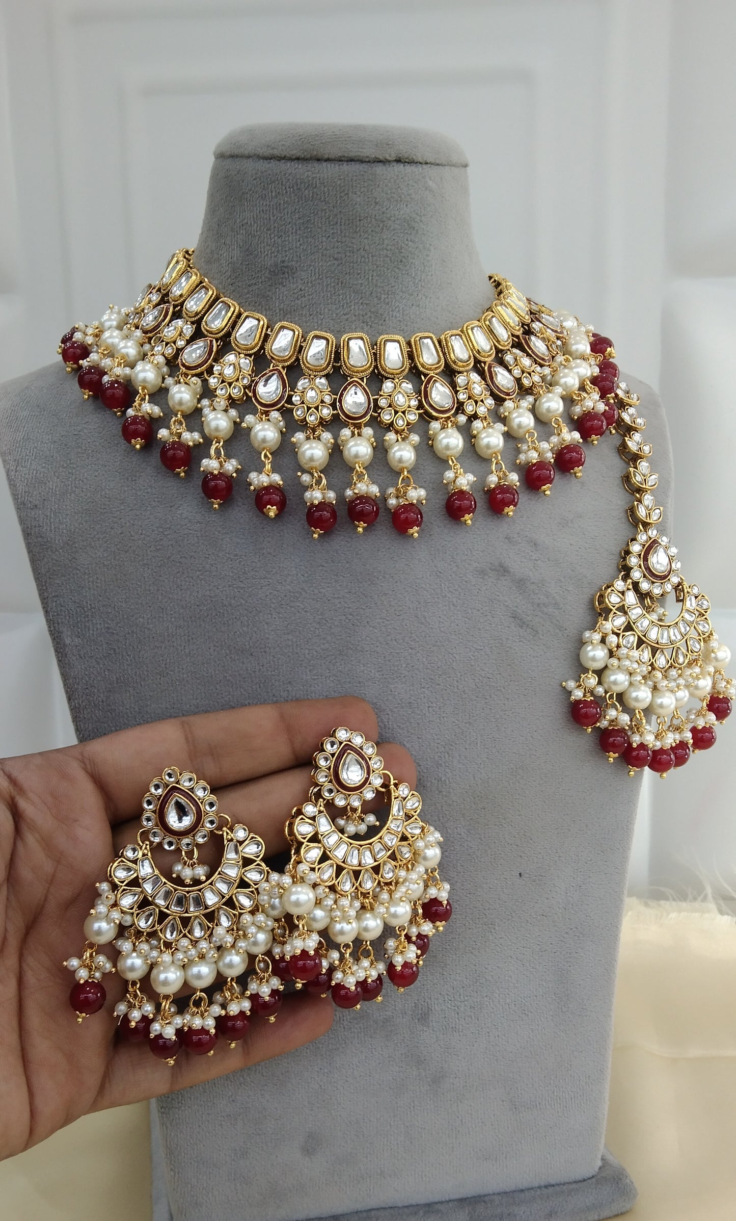 Chandan Maroon Kundan Necklace Jewellery Set