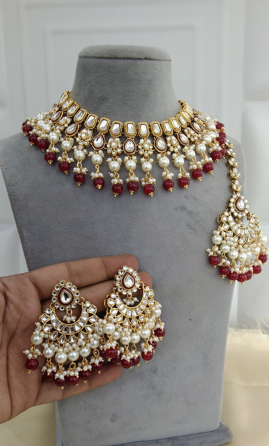 Chandan Maroon Kundan Necklace Jewellery Set