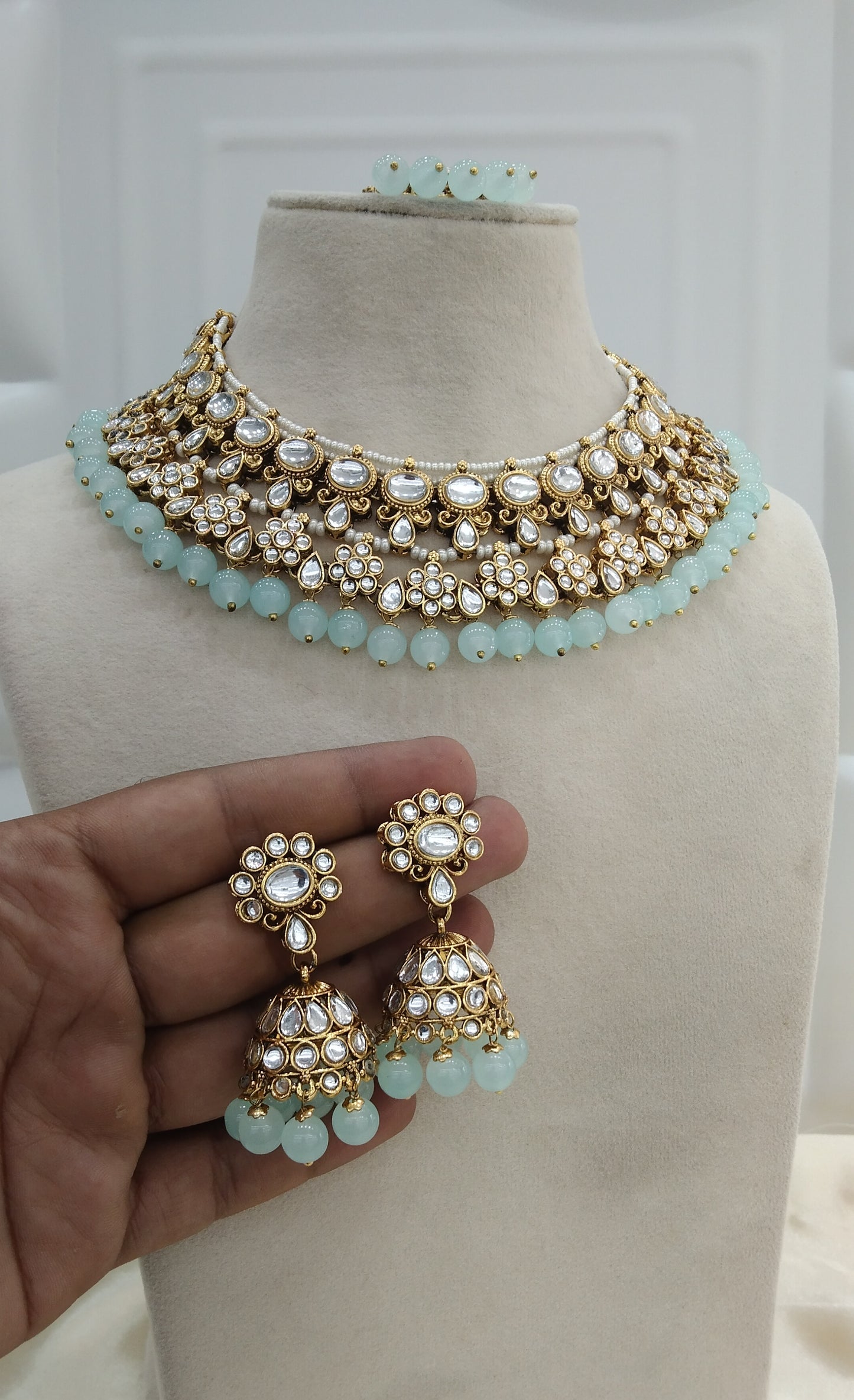 Garry Sea Green kundan Indian Necklace Jewellery Set