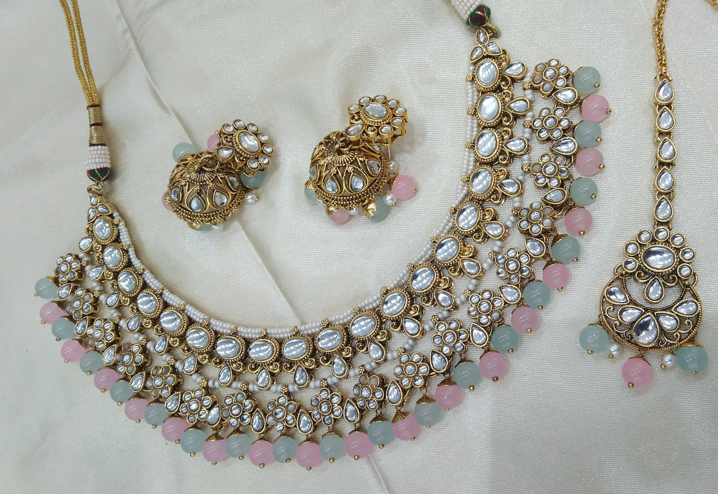 Garry Pista Pink kundan Indian Necklace Jewellery Set