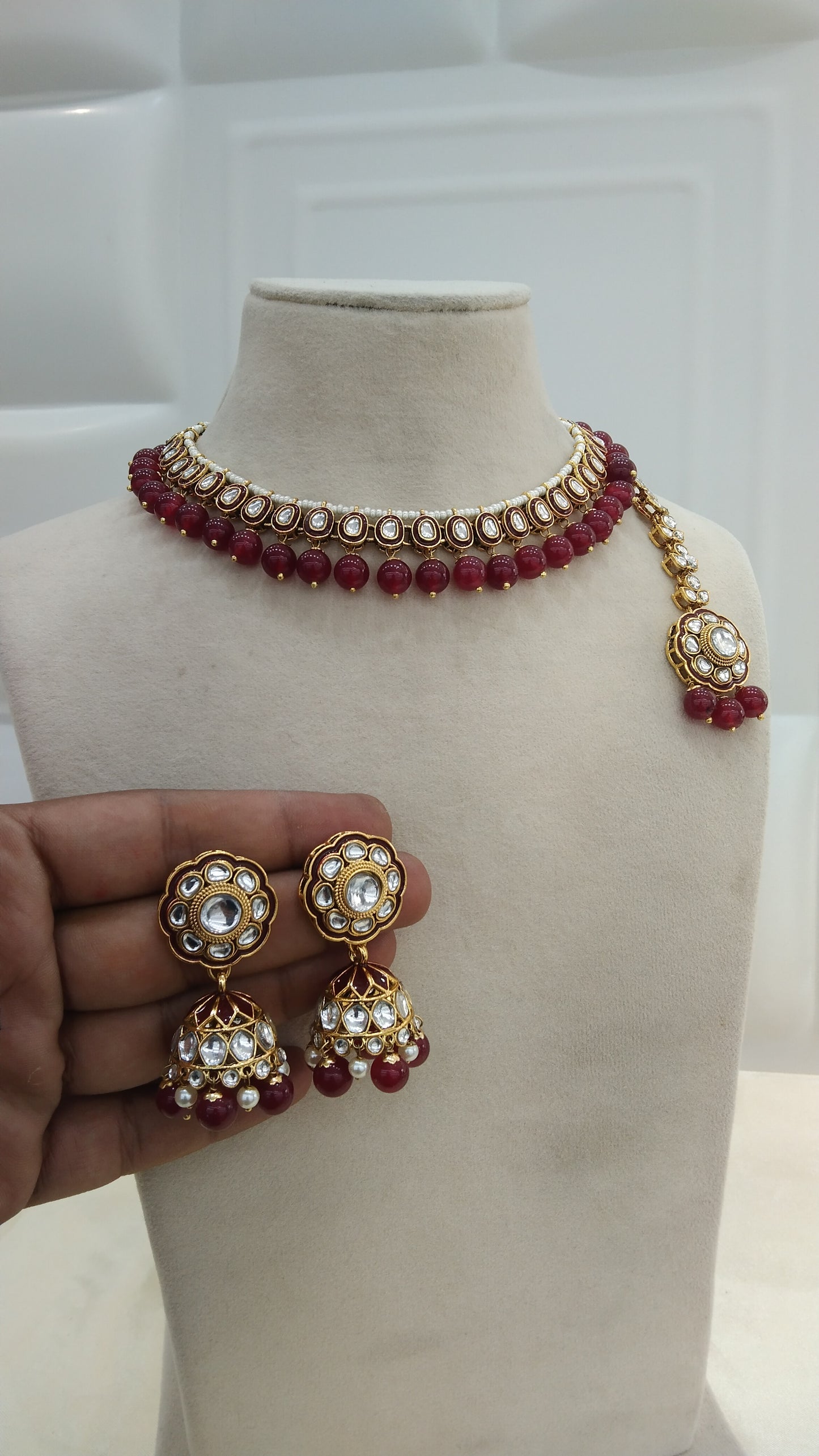 Honey Maroon kundan Indian Necklace Jewellery Set