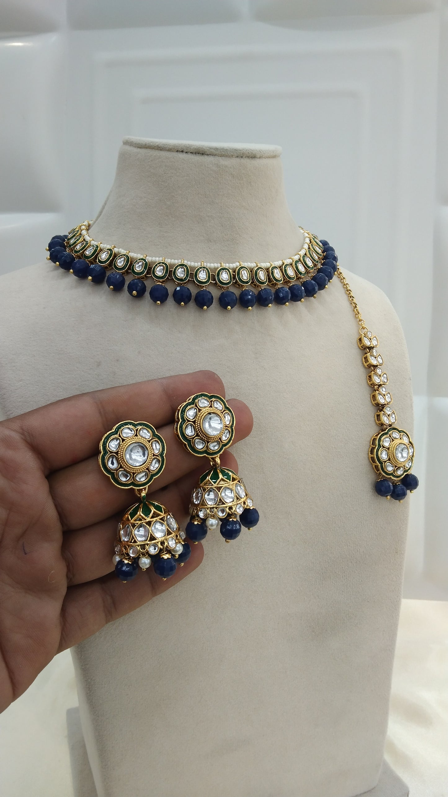 Honey Navy blue kundan Indian Necklace Jewellery Set