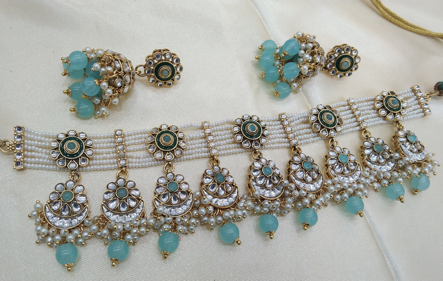 Harjit Sea Green kundan Indian Choker Jewellery Set