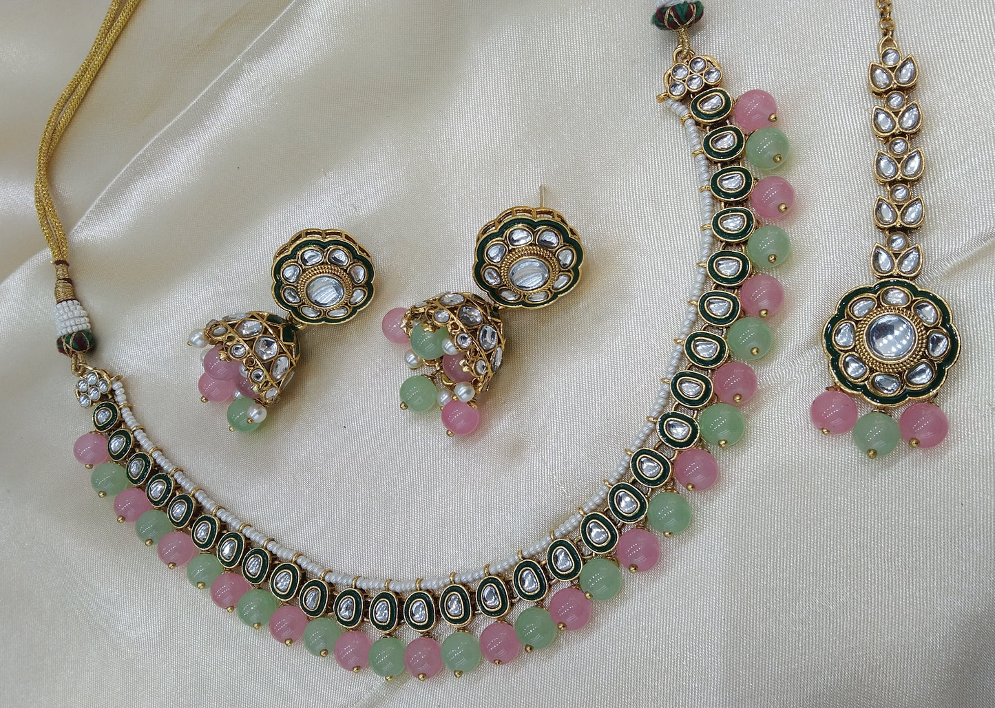 Honey Pista Pink kundan Indian Necklace Jewellery Set