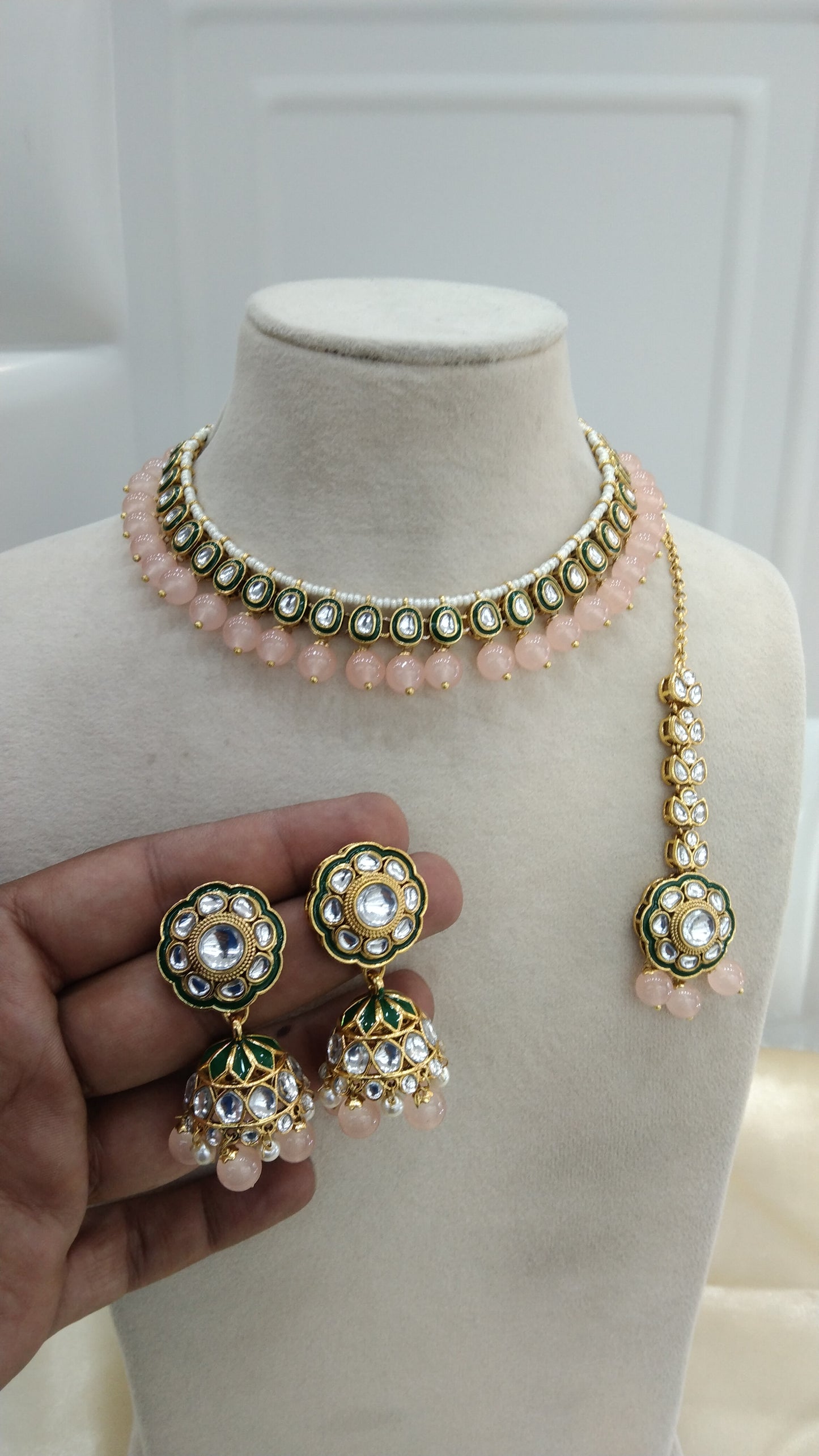 Honey Peach kundan Indian Necklace Jewellery Set