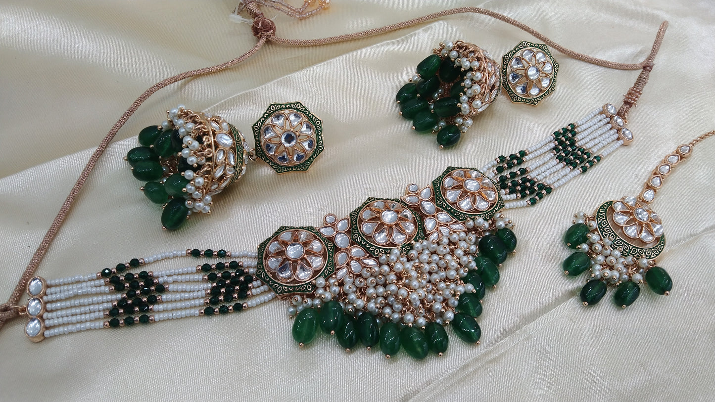 Ibiza Green kundan Indian Choker Jewellery Set
