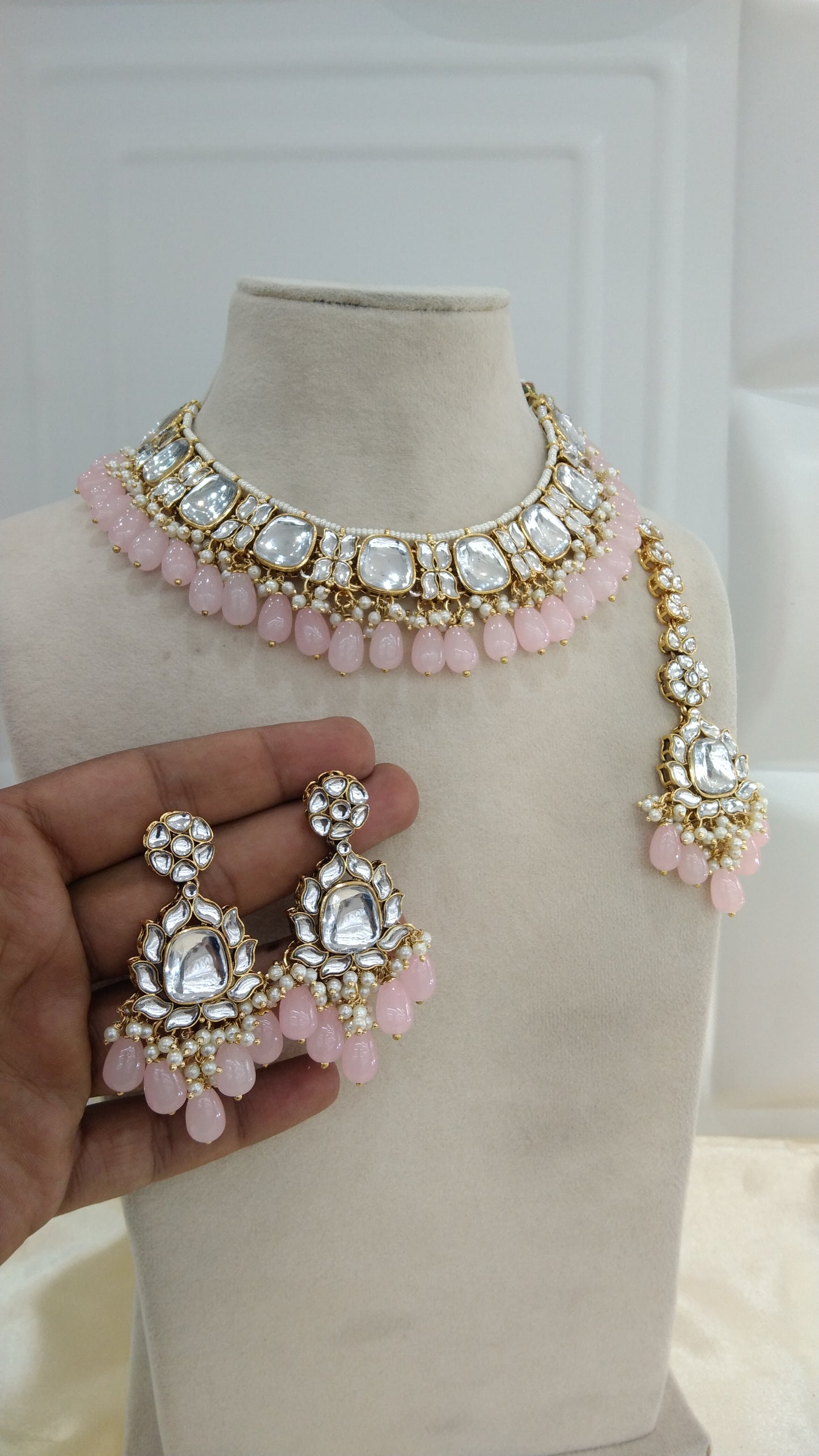 Janvi Baby pink kundan Indian Necklace Jewellery Set