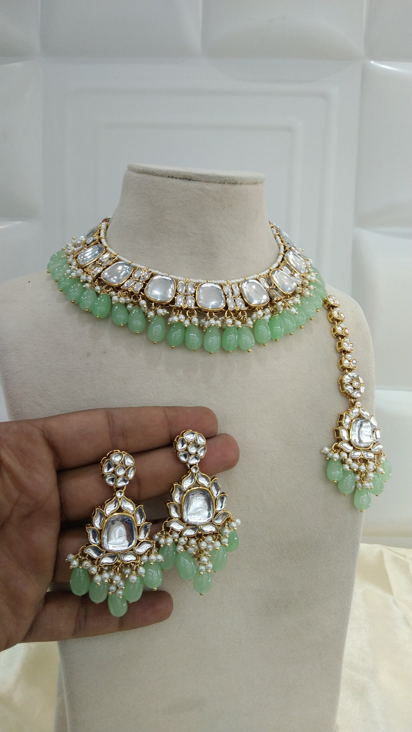 Janvi Pista kundan Indian Necklace Jewellery Set