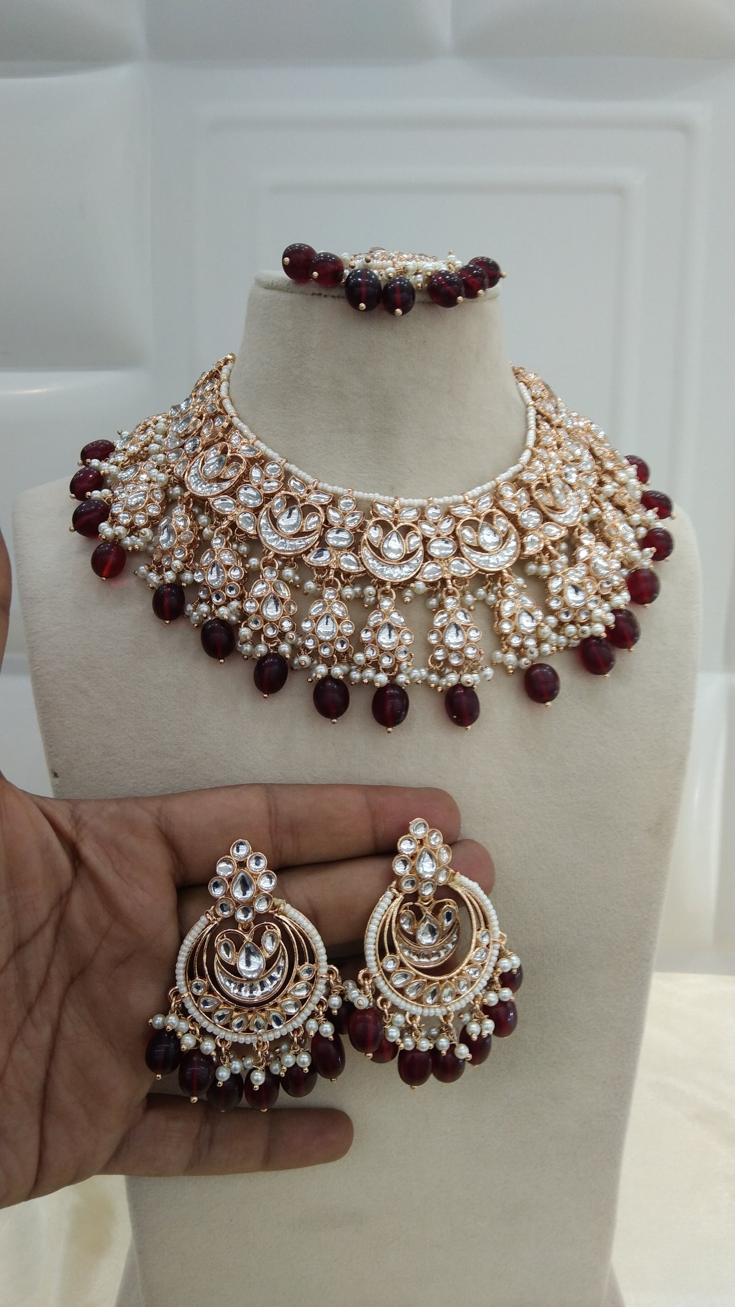 Kirna Maroon kundan Indian Necklace Jewellery Set