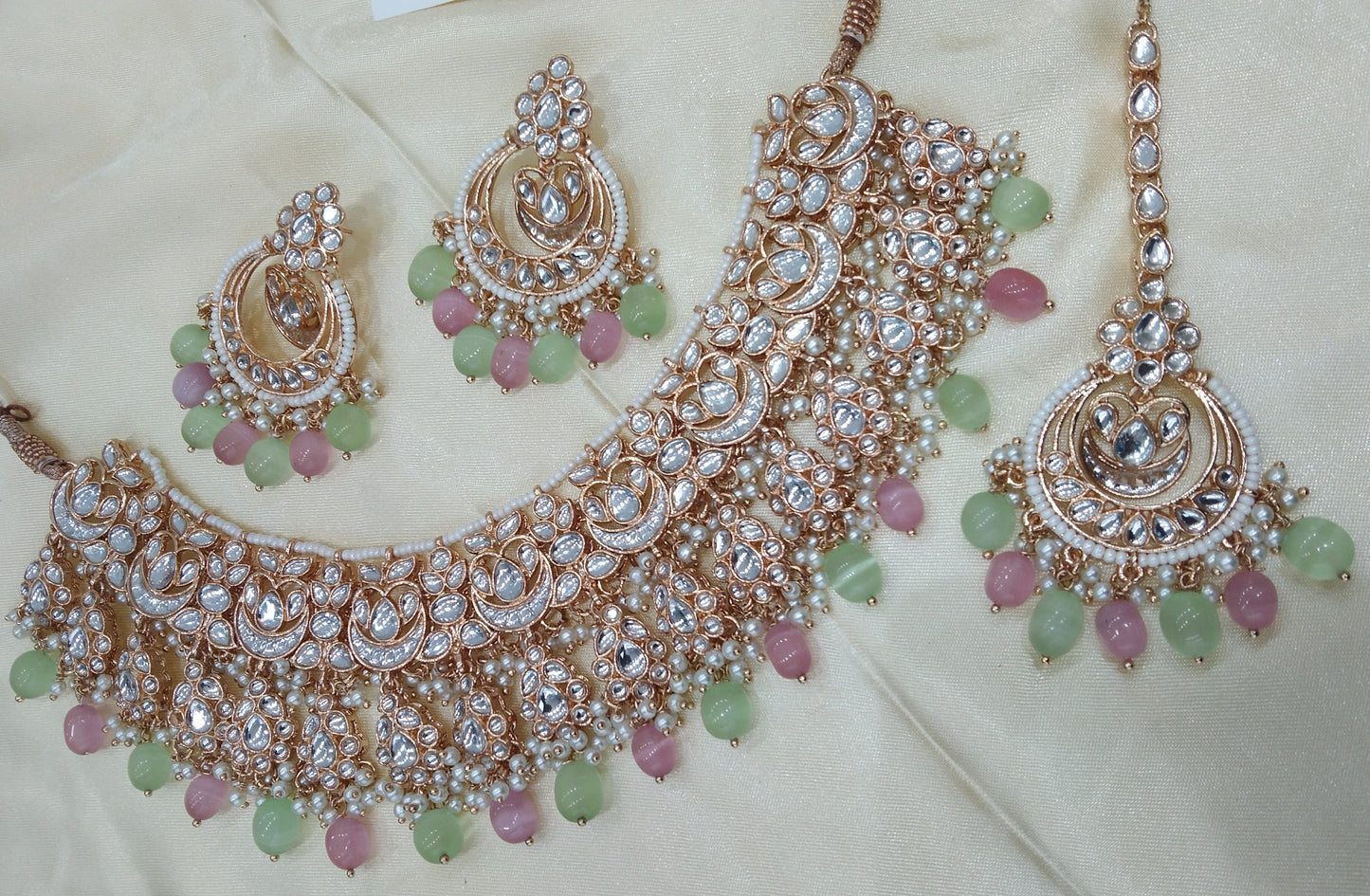 Kirna Pista pink kundan Indian Necklace Jewellery Set