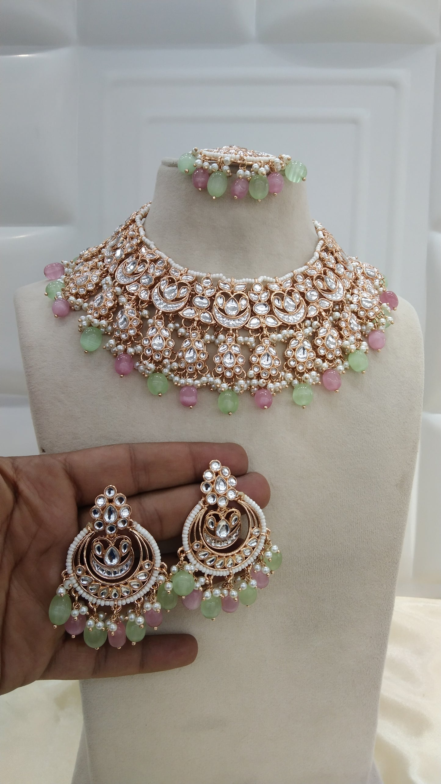 Kirna Pista pink kundan Indian Necklace Jewellery Set