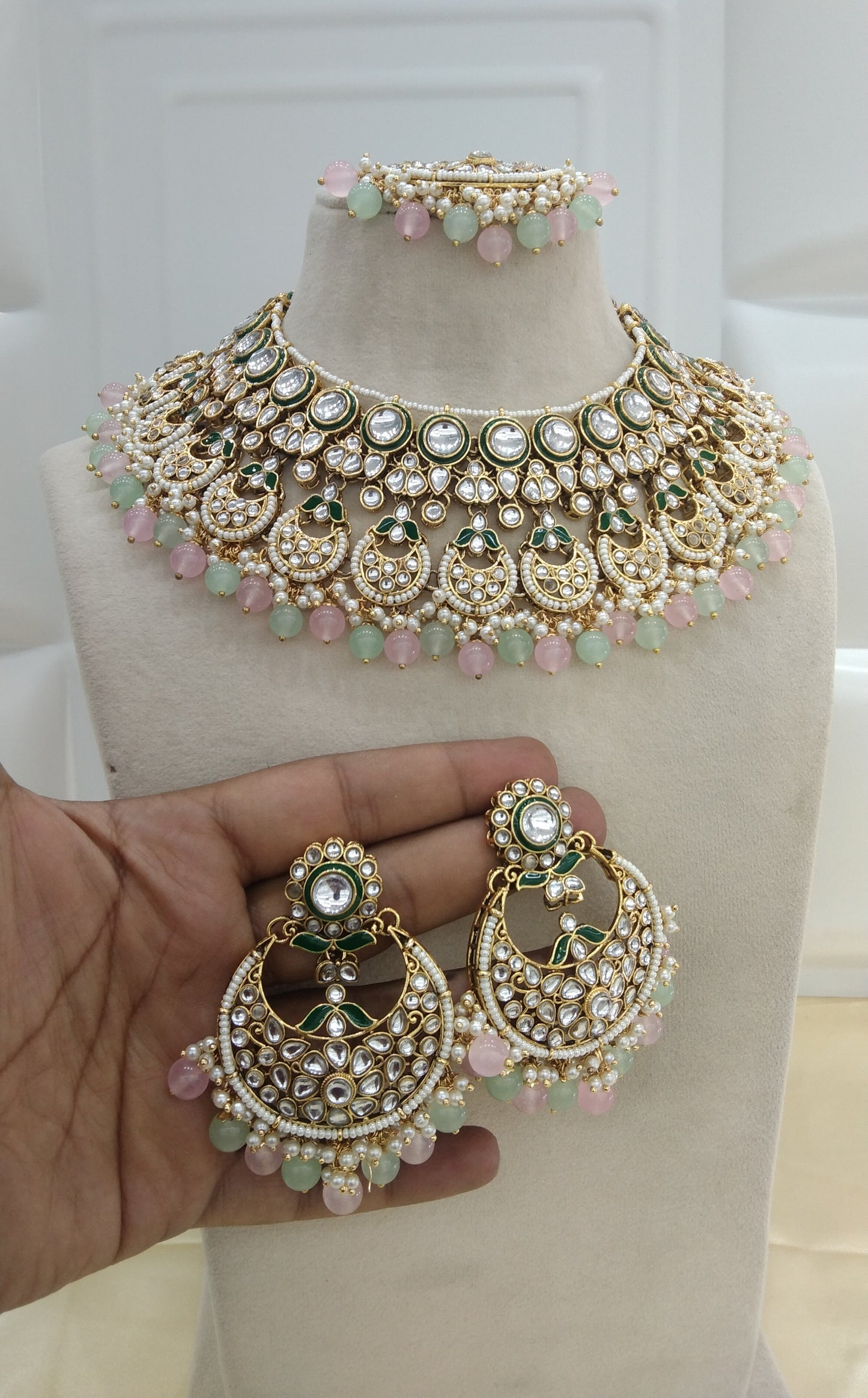 Kusam Pista Pink kundan Indian Necklace Jewellery Set