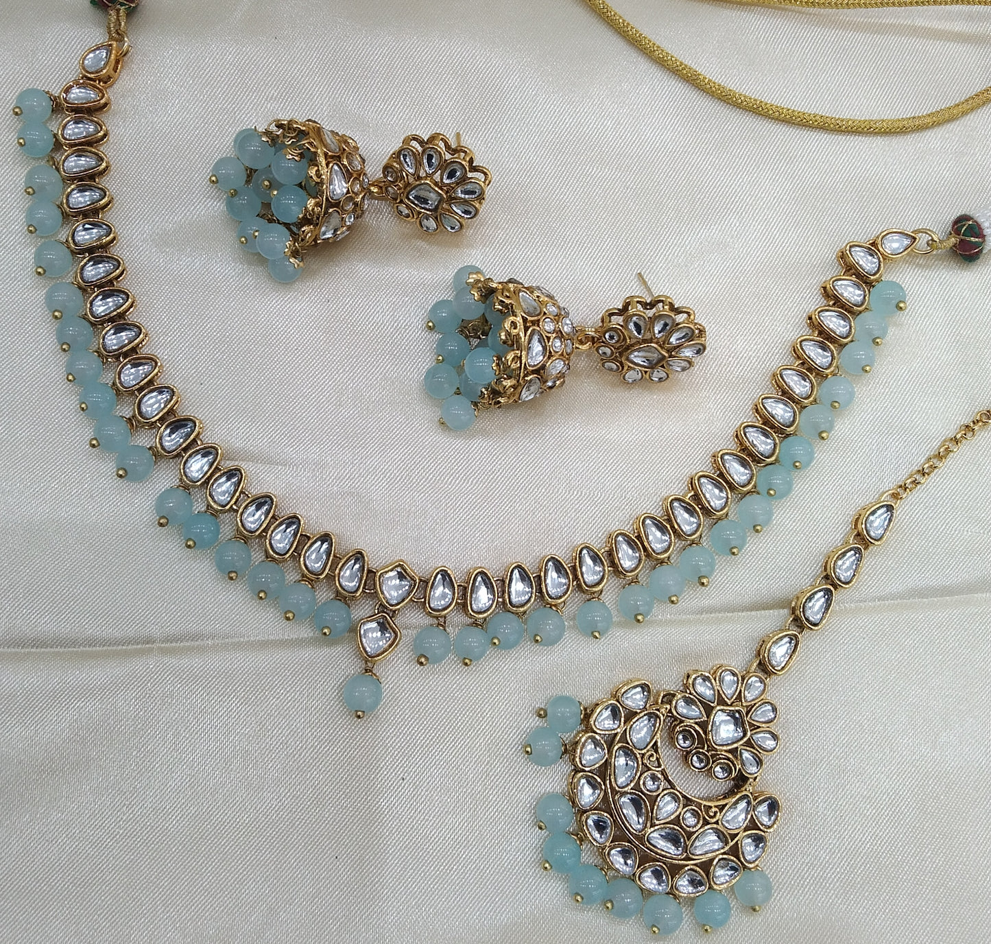 Lovpreet Sea Green kundan Indian Necklace Jewellery Set