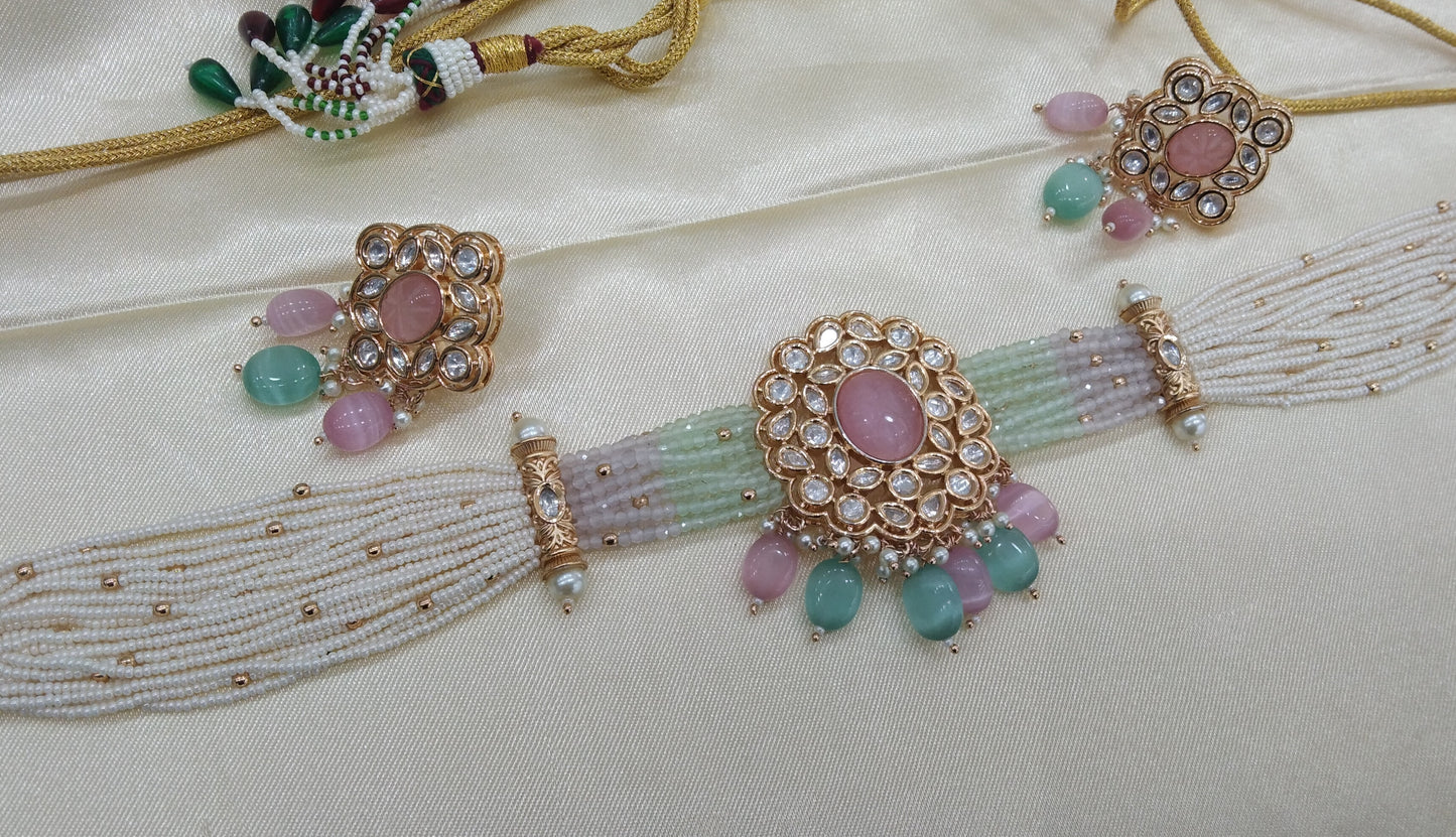 Nikk Sea Green Pink kundan Indian Choker Jewellery Set