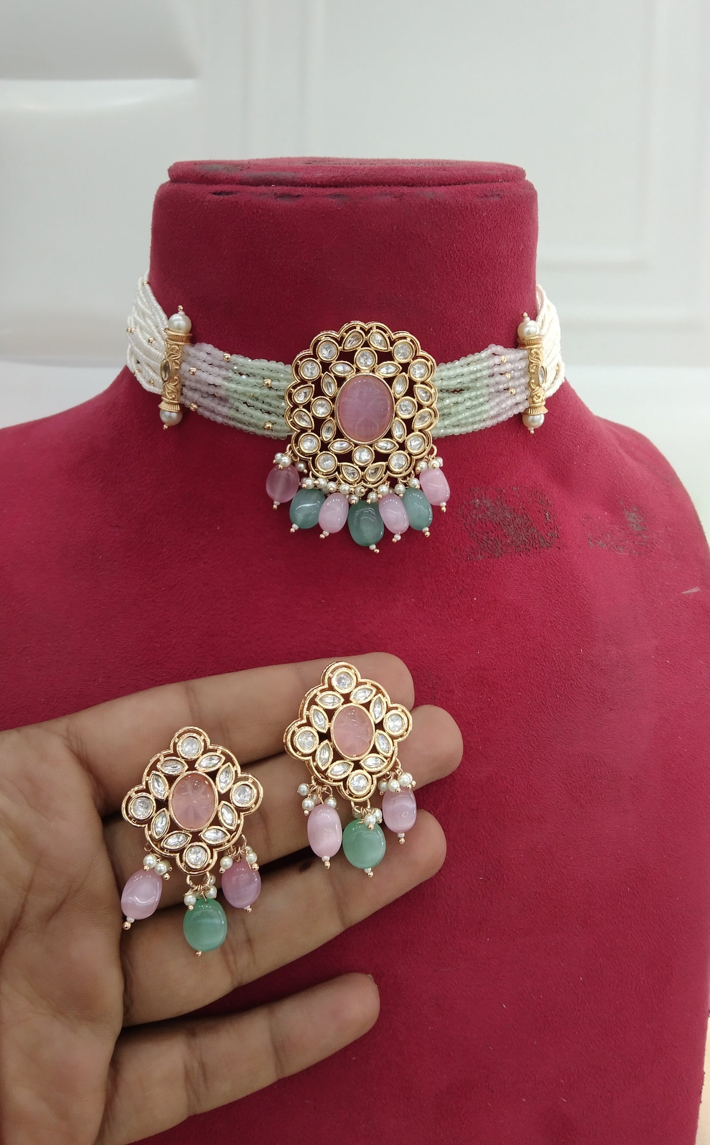 Nikk Sea Green Pink kundan Indian Choker Jewellery Set