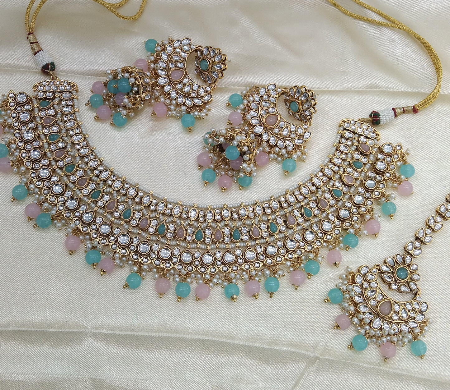 Nuri Sky blue Pink kundan Indian Necklace Jewellery Set