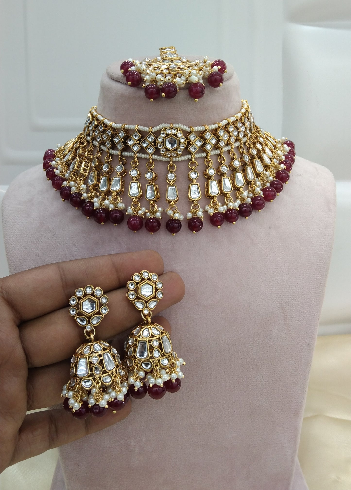 Orignal Maroon kundan Indian Choker Jewellery Set