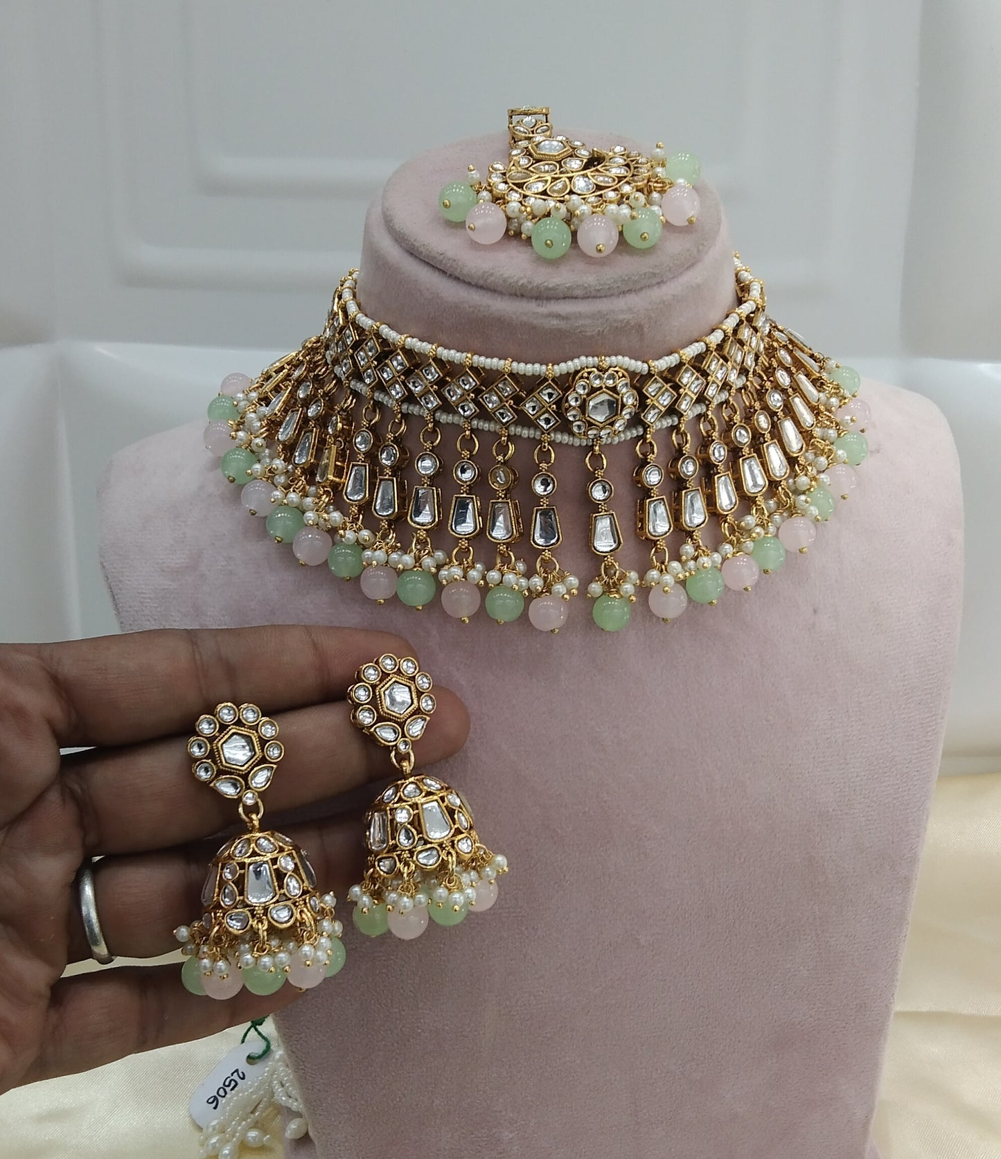 Orignal Pista Pink kundan Indian Choker Jewellery Set