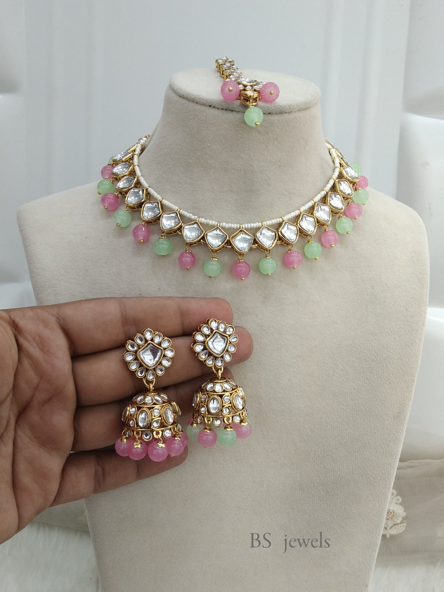 Mint Pink Kundan Jewelry Shakira necklace Set