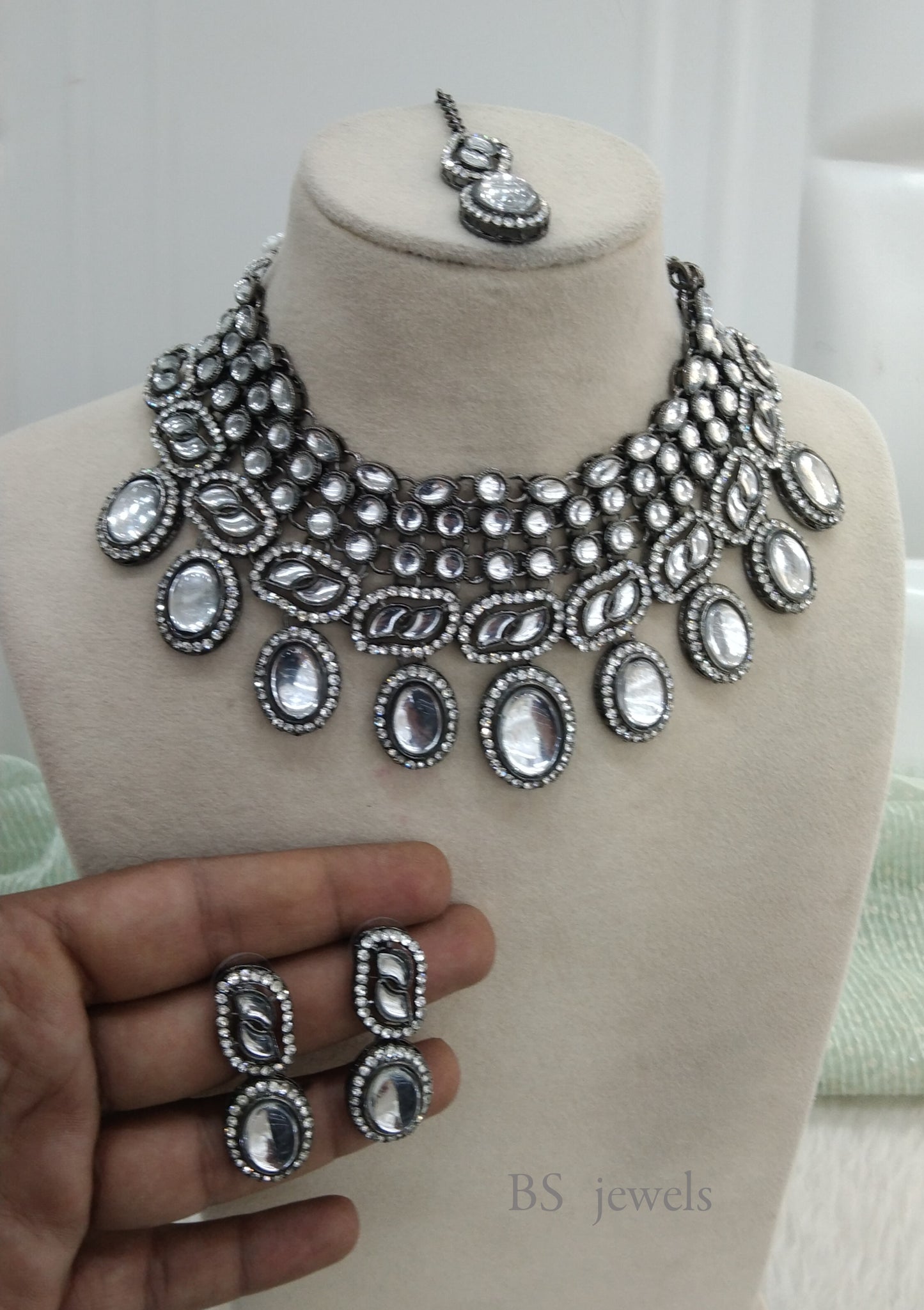Oxidized silver kundan necklace Set/ antique silver tribal shelf Jewellery