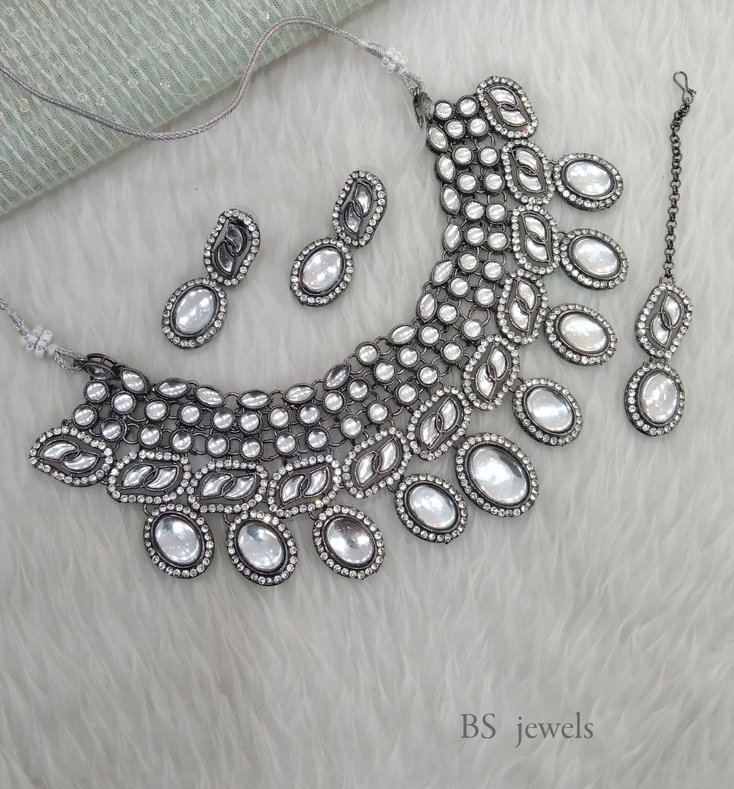 Oxidized silver kundan necklace Set/ antique silver tribal shelf Jewellery