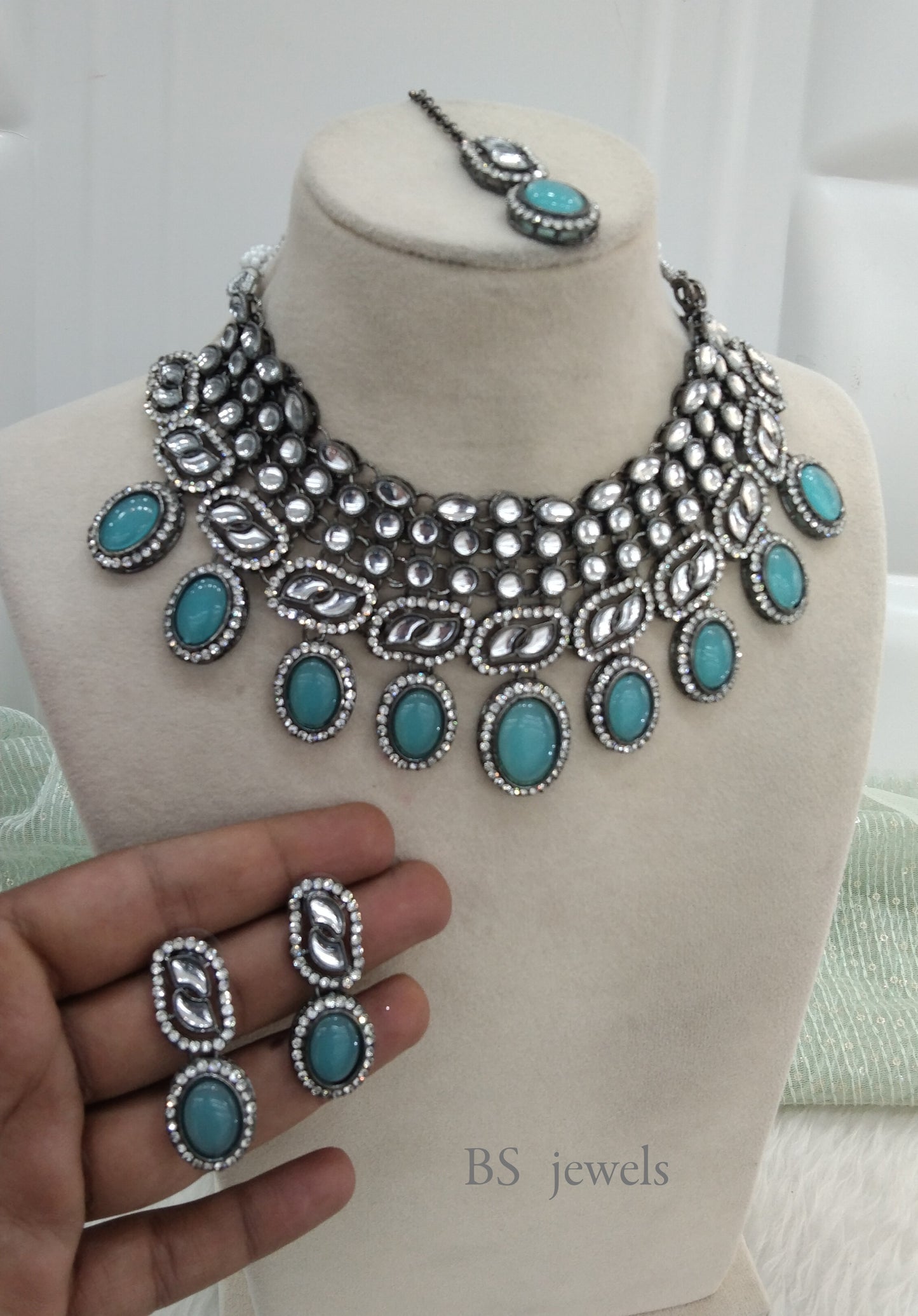 Oxidized Sky Blue  kundan necklace Set/ antique silver tribal shelf Jewellery
