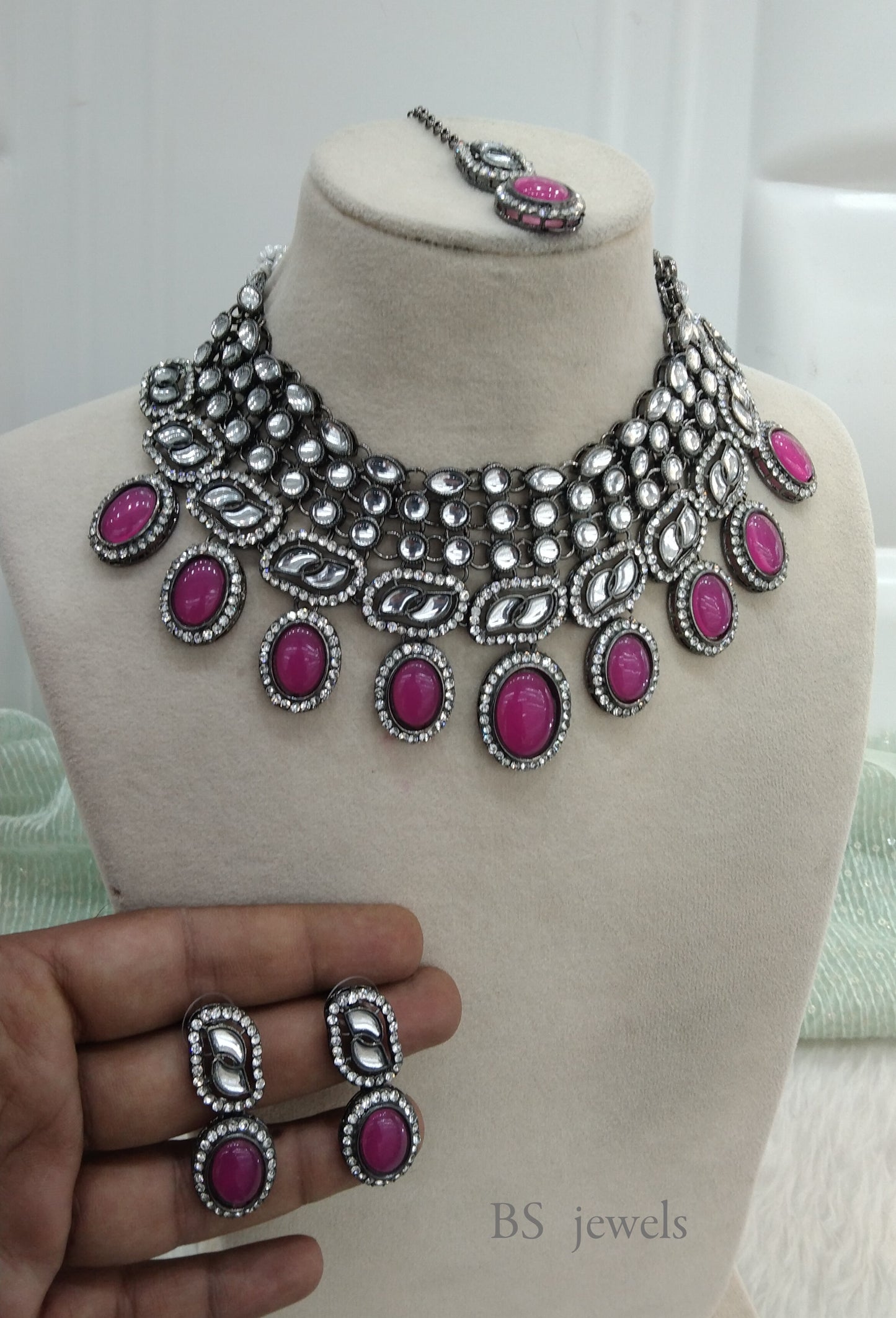 Oxidized Pink  kundan necklace Set/ antique silver tribal shelf Jewellery (Copy)