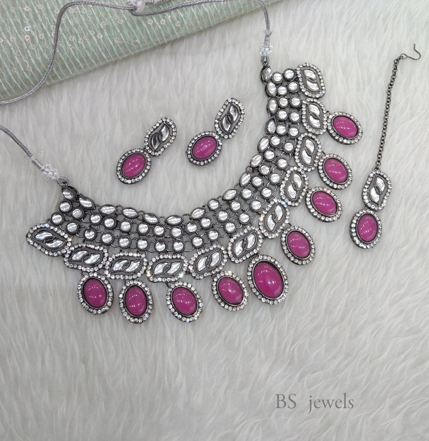 Oxidized Pink  kundan necklace Set/ antique silver tribal shelf Jewellery (Copy)