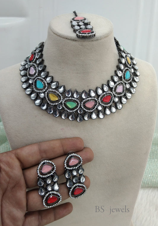 Oxidized Silver Multi  necklace Set/ antique silver tribal shelf Jewellery (Copy)