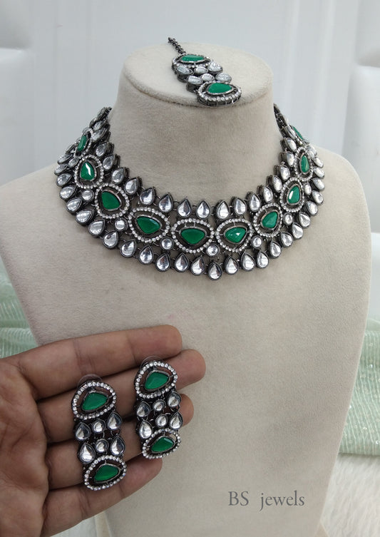 Oxidized Silver Green  necklace Set/ antique silver tribal shelf Jewellery
