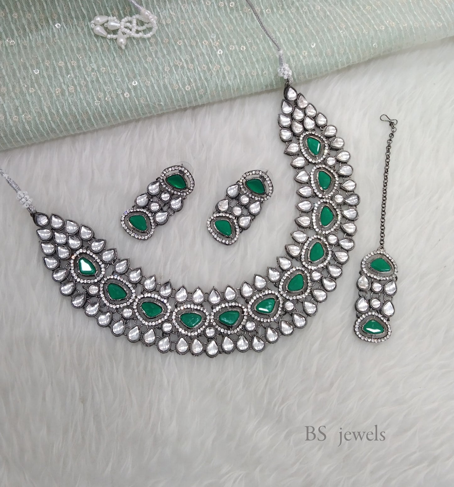 Oxidized Silver Green  necklace Set/ antique silver tribal shelf Jewellery