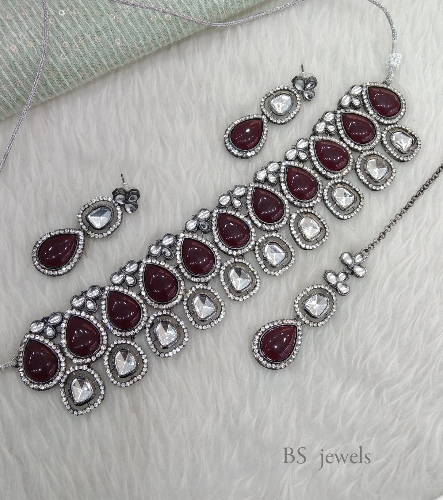Oxidized Silver Maroon  Choker Set/ antique silver tribal shelf Jewellery