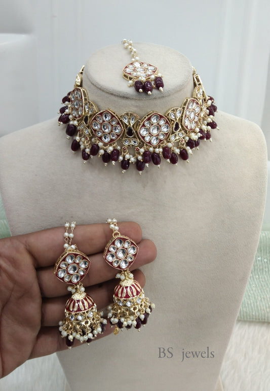 Maroon  Kundan Choker Salnon Jewelry Set