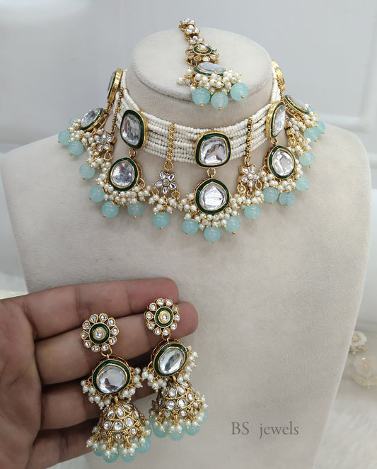Toni Sky Blue Kundan Choker  set Earrings Jewelry