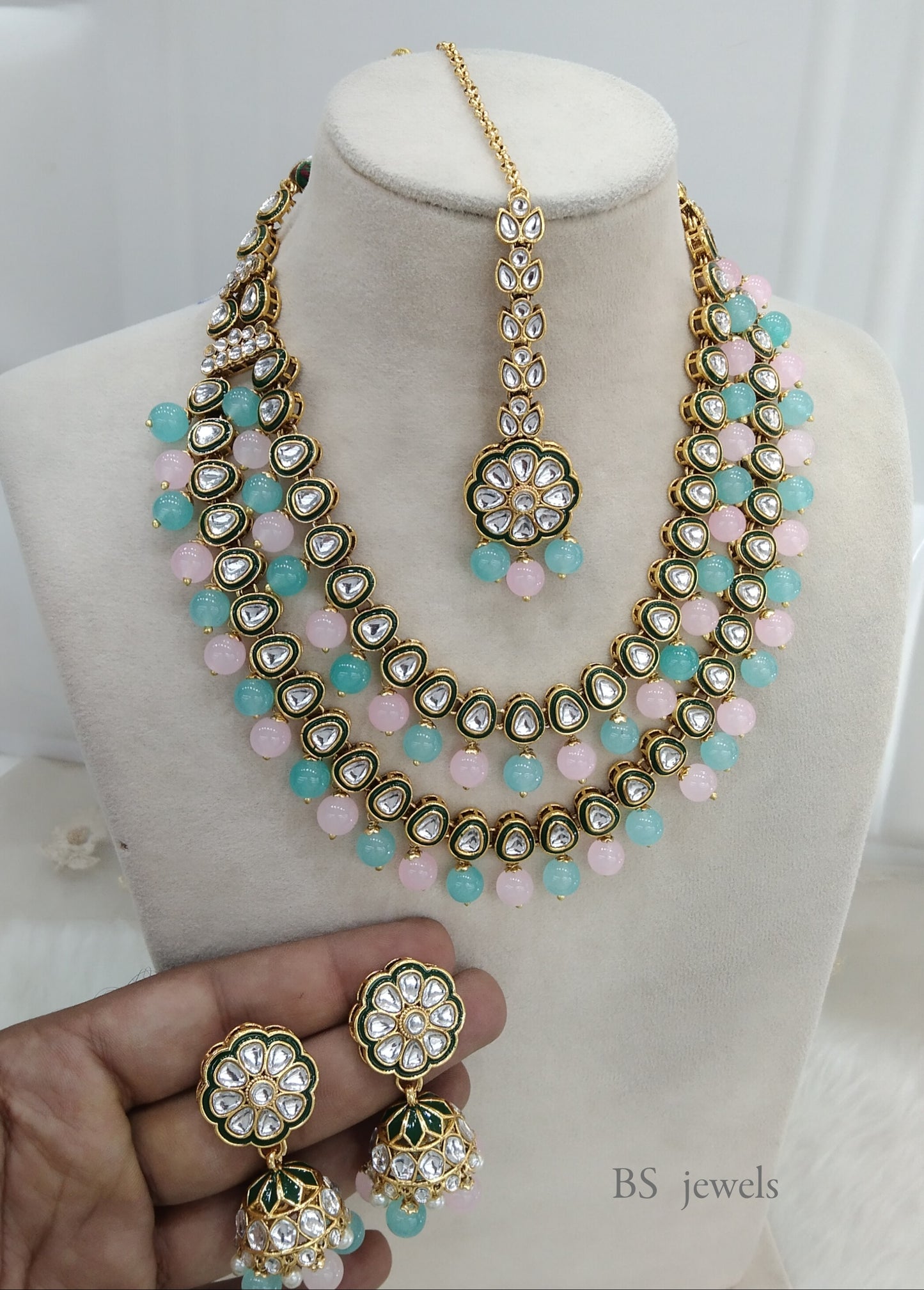 Sea green pink Kundan Jewelry Tishu Set
