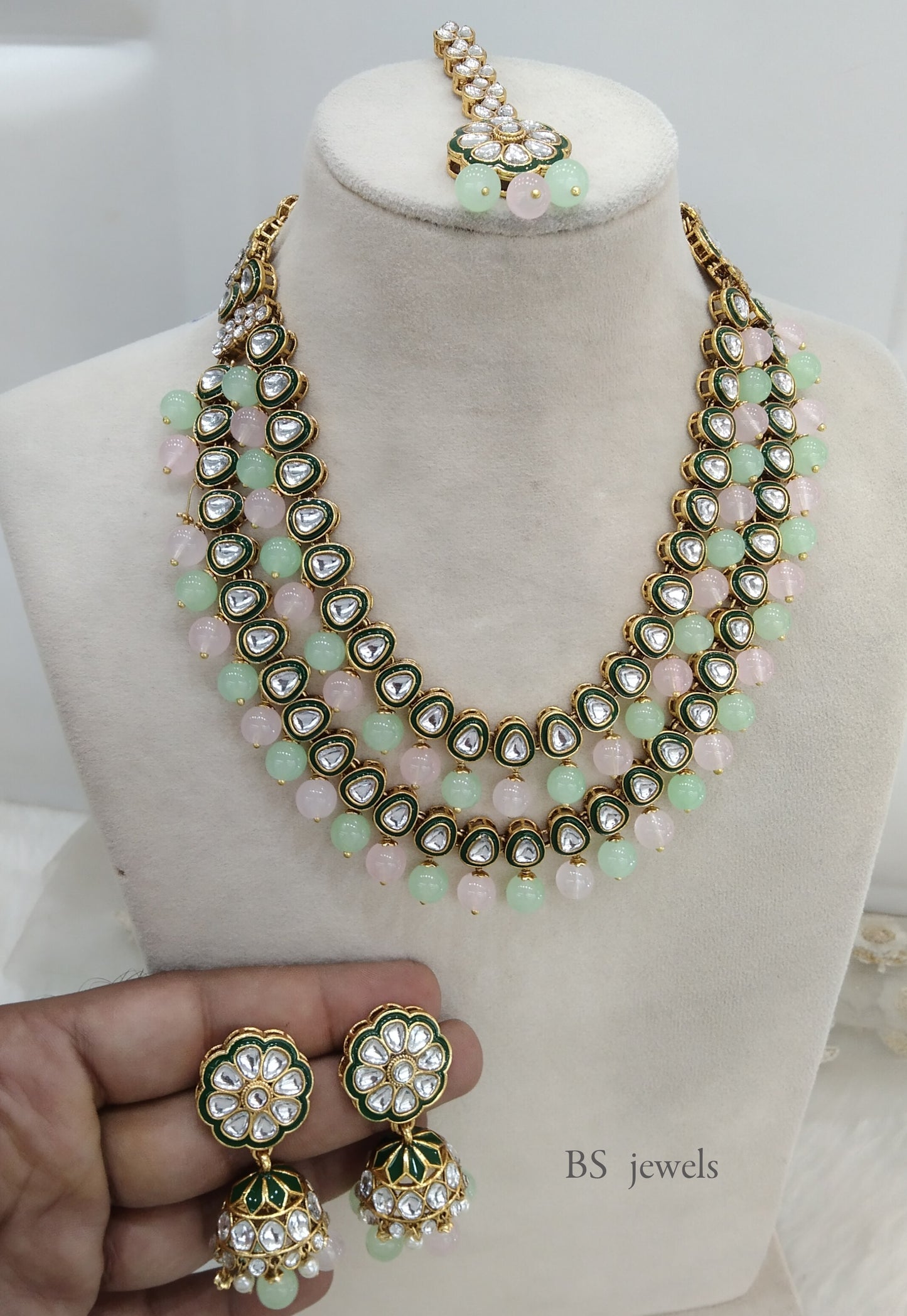 Mint Pink Kundan Jewelry Tishu Set
