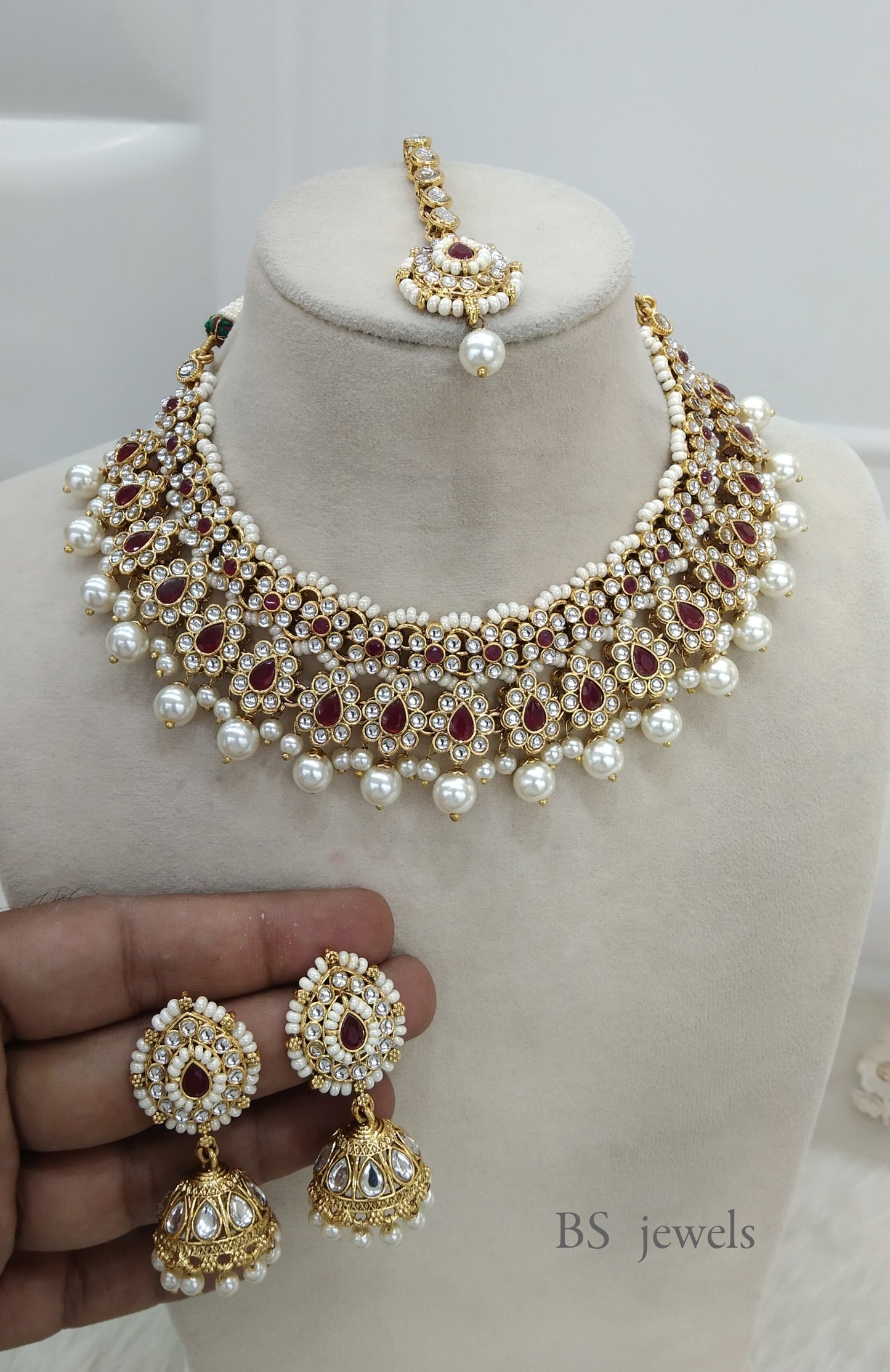 Maroon Kundan Necklace set Earrings Tanisha Jewelry