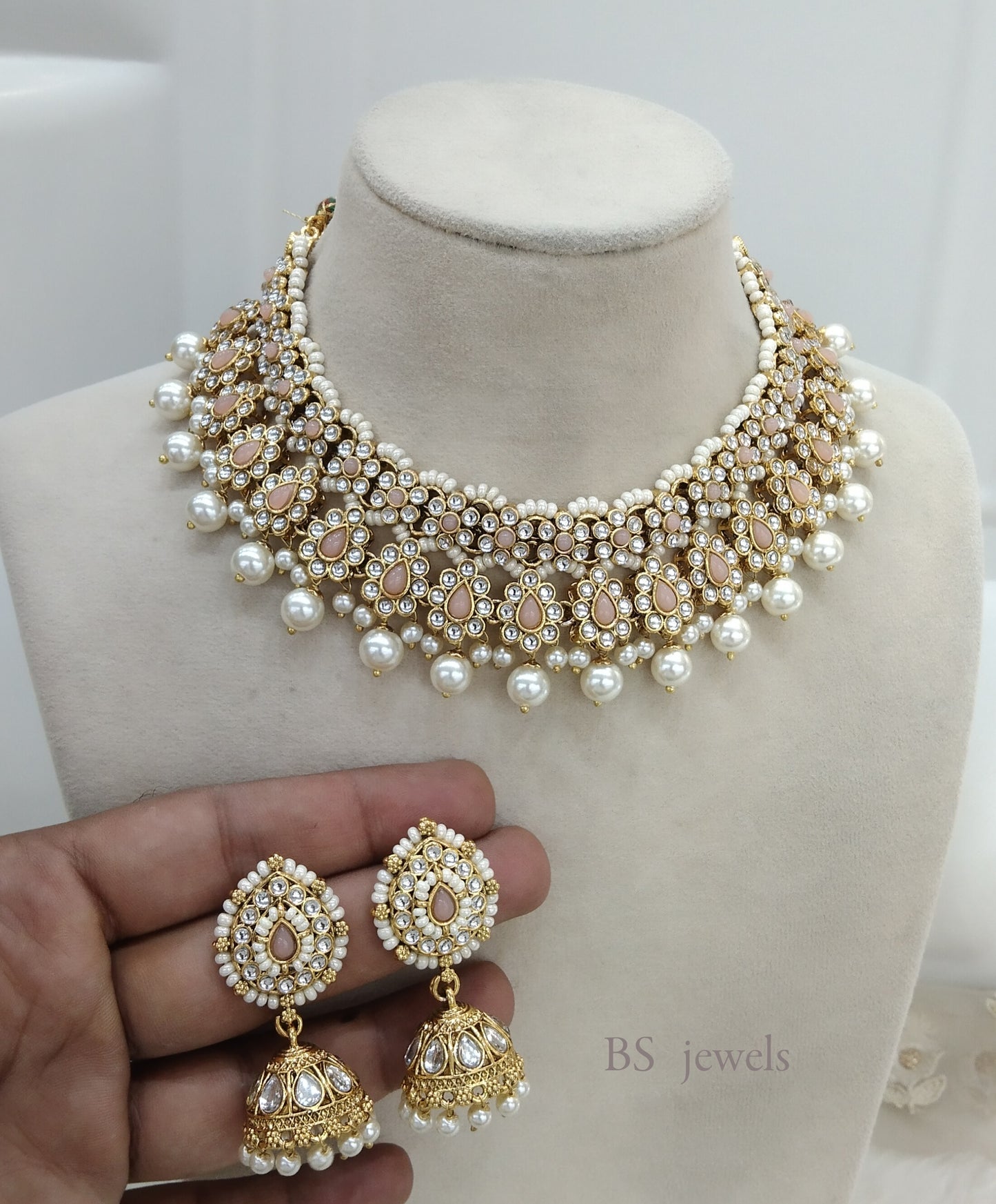 Peach Kundan Necklace set Earrings Tanisha Jewelry