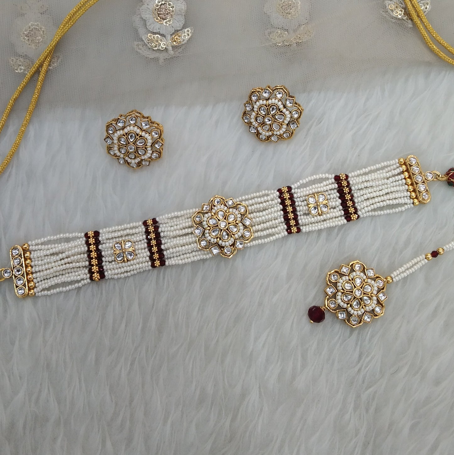 Kundan Choker Maroon Jewelry Sandeep Set