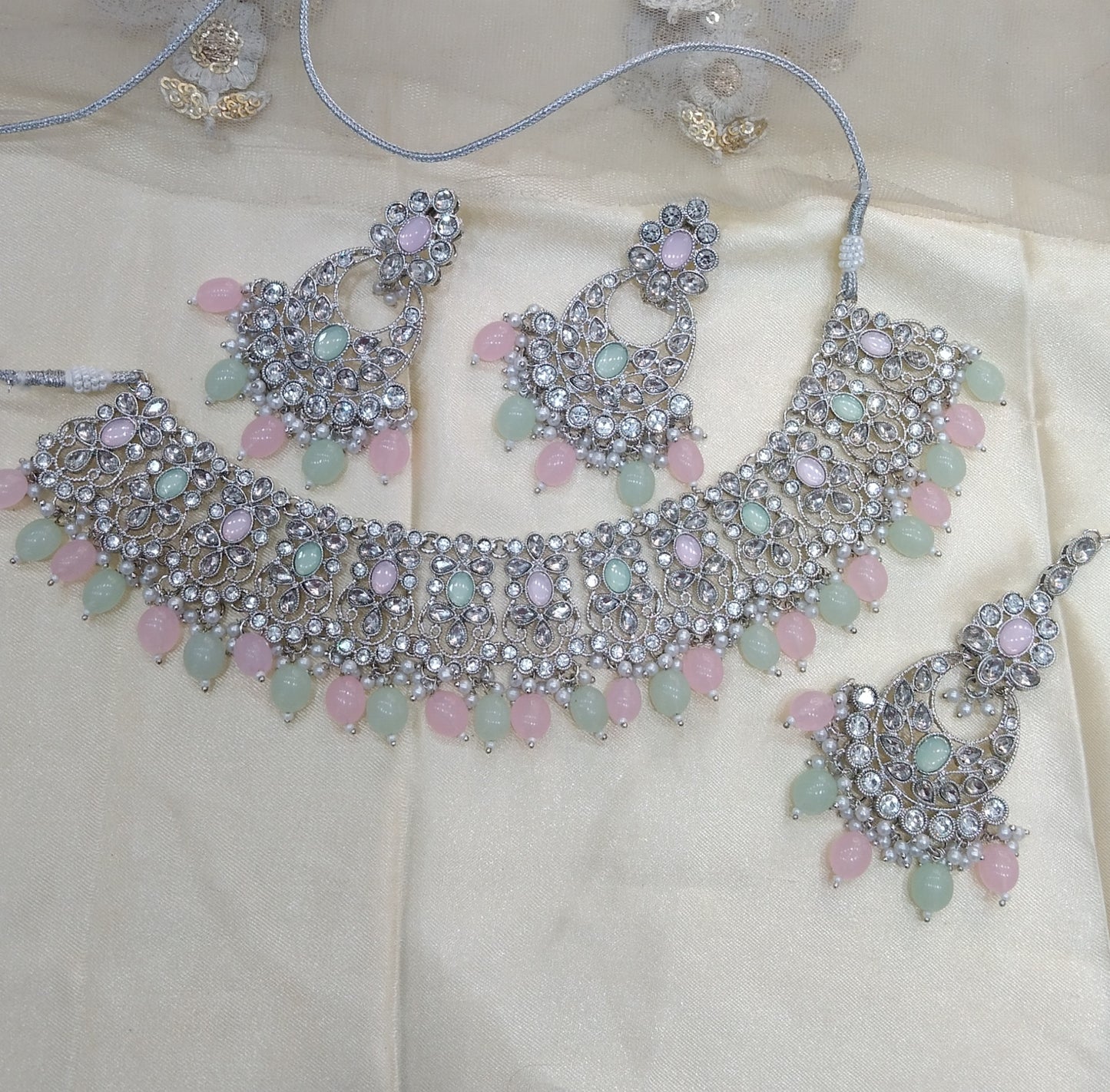 Silver Mint Pink Necklace Set Liva Jewellery
