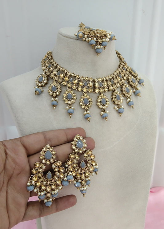 Grey Kundan Necklace Jewellery Hero  Set