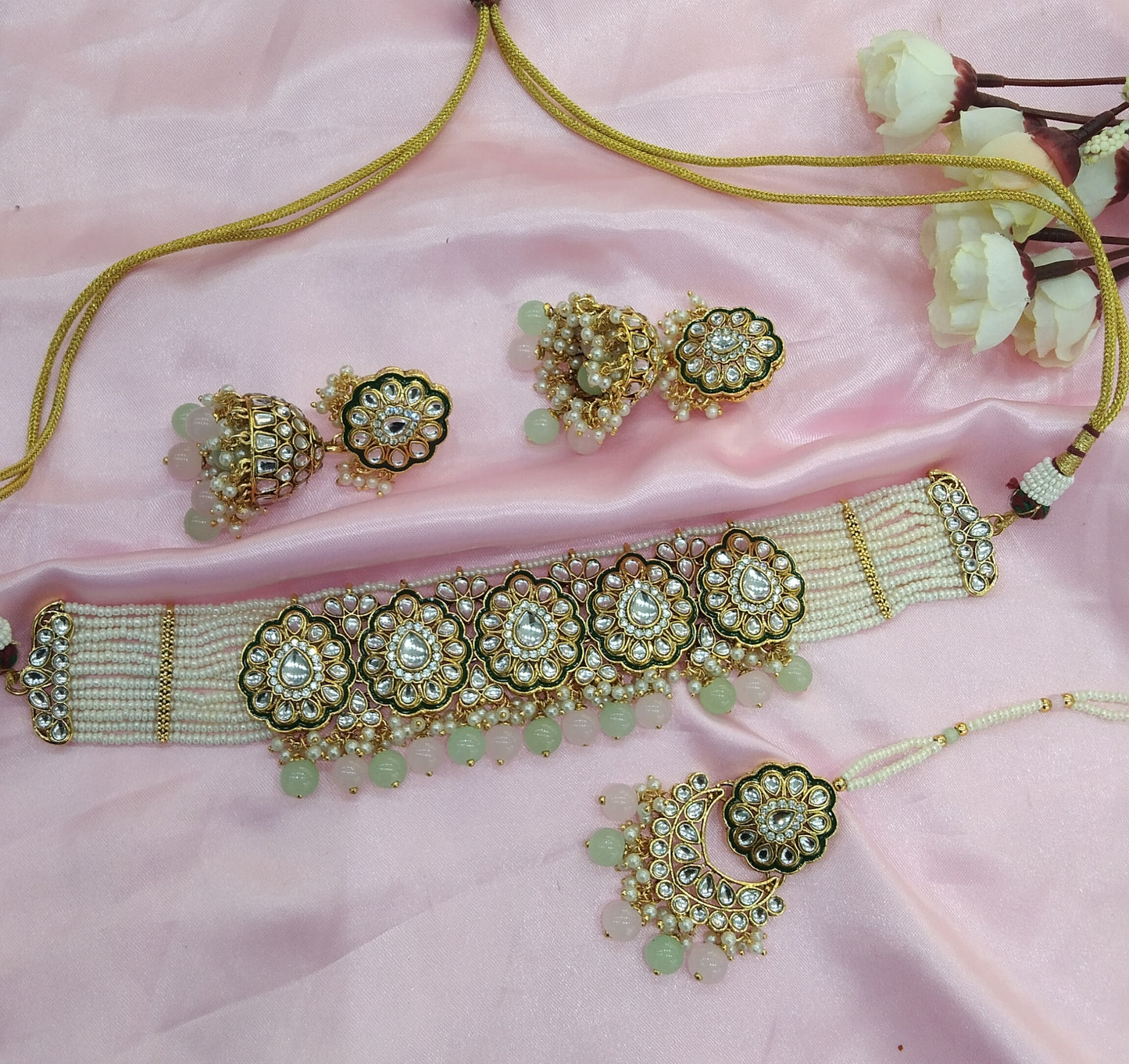 MInt Pink Kundan Choker Jewellery Wamil Set