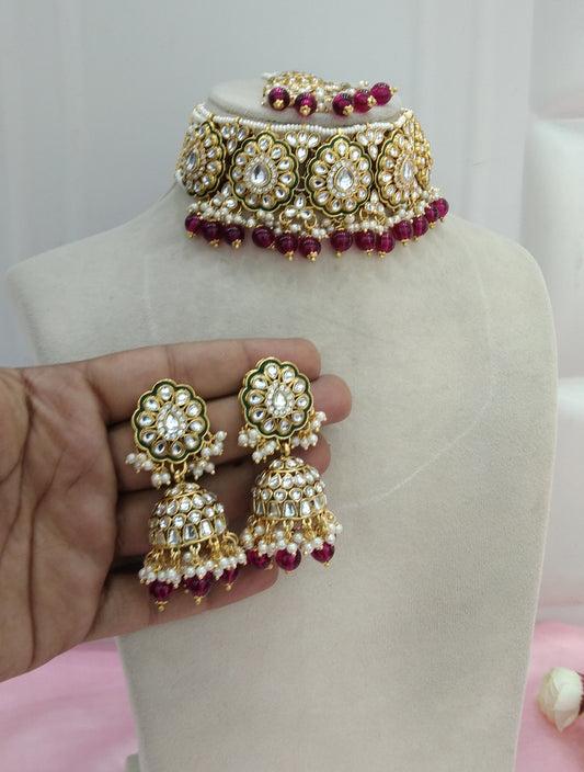Majenta Kundan Choker Jewellery Wamil Set