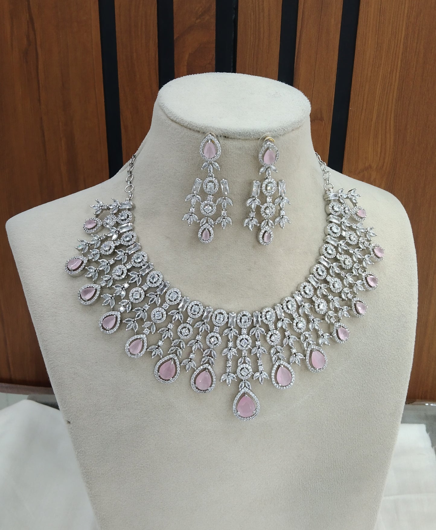 Silver American Diamond Pink Cz Necklace Jewellery aki Set