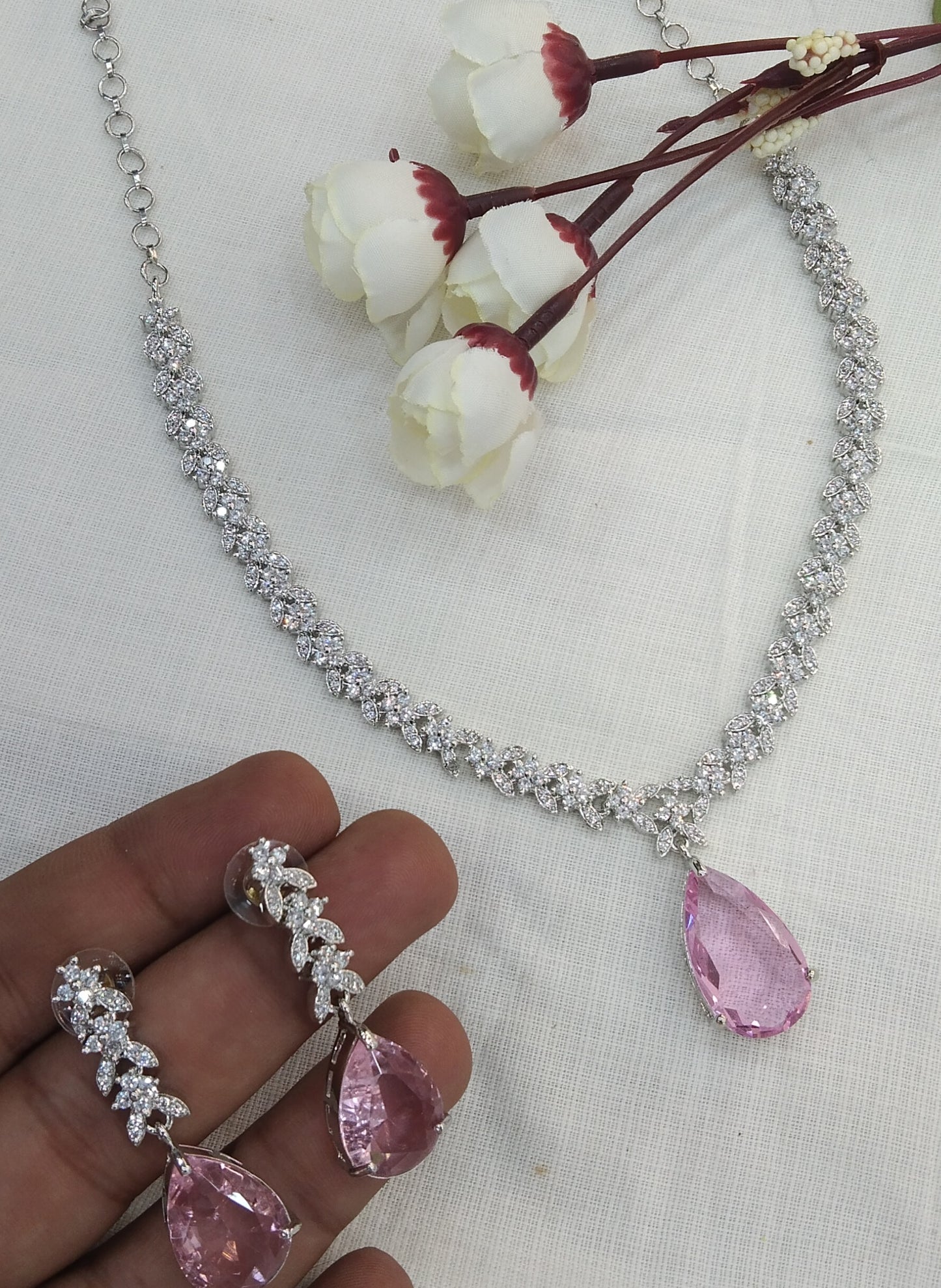 Silver American Diamond pink Cz Necklace Jewellery Anu Set
