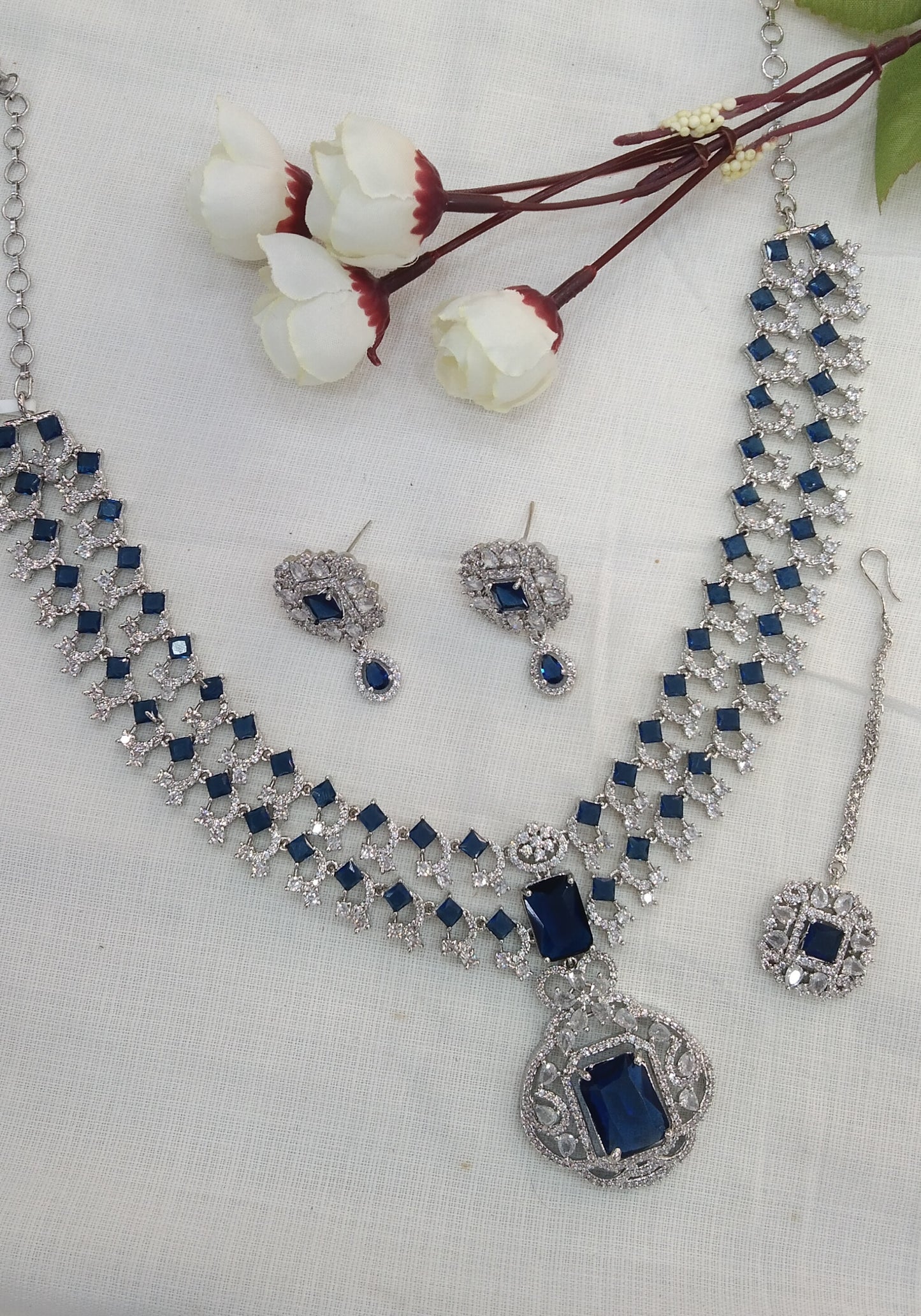 Silver American Diamond Blue Cz Necklace Jewellery kato Set